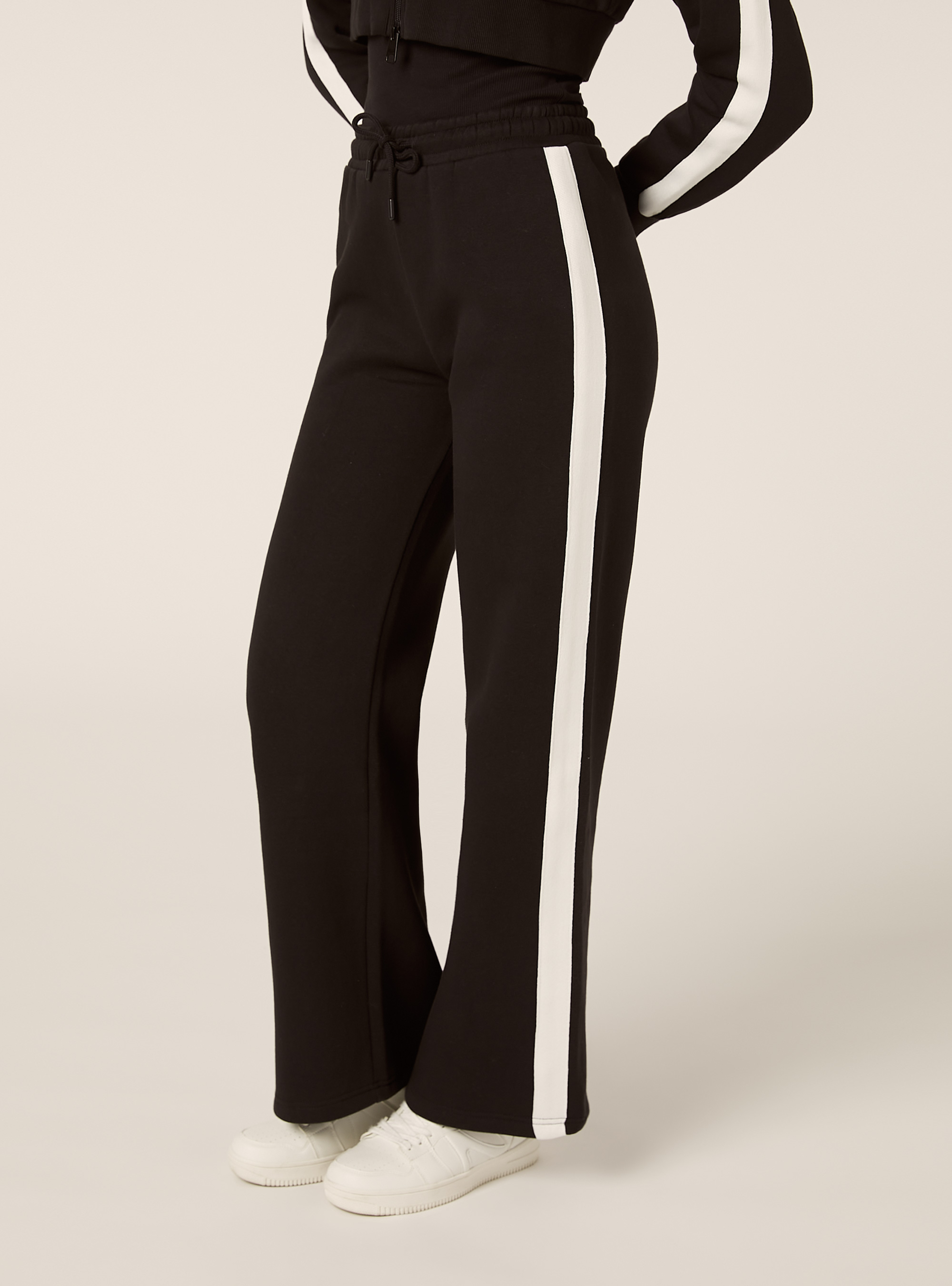 Pantaloni wide leg con bande laterali, BK1 BLACK