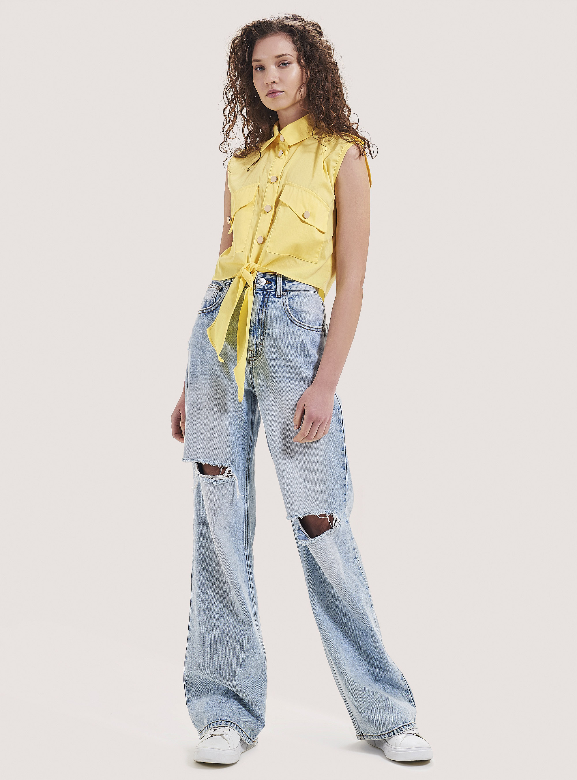 Camicia cropped smanicata con nodo, C785 YELLOW