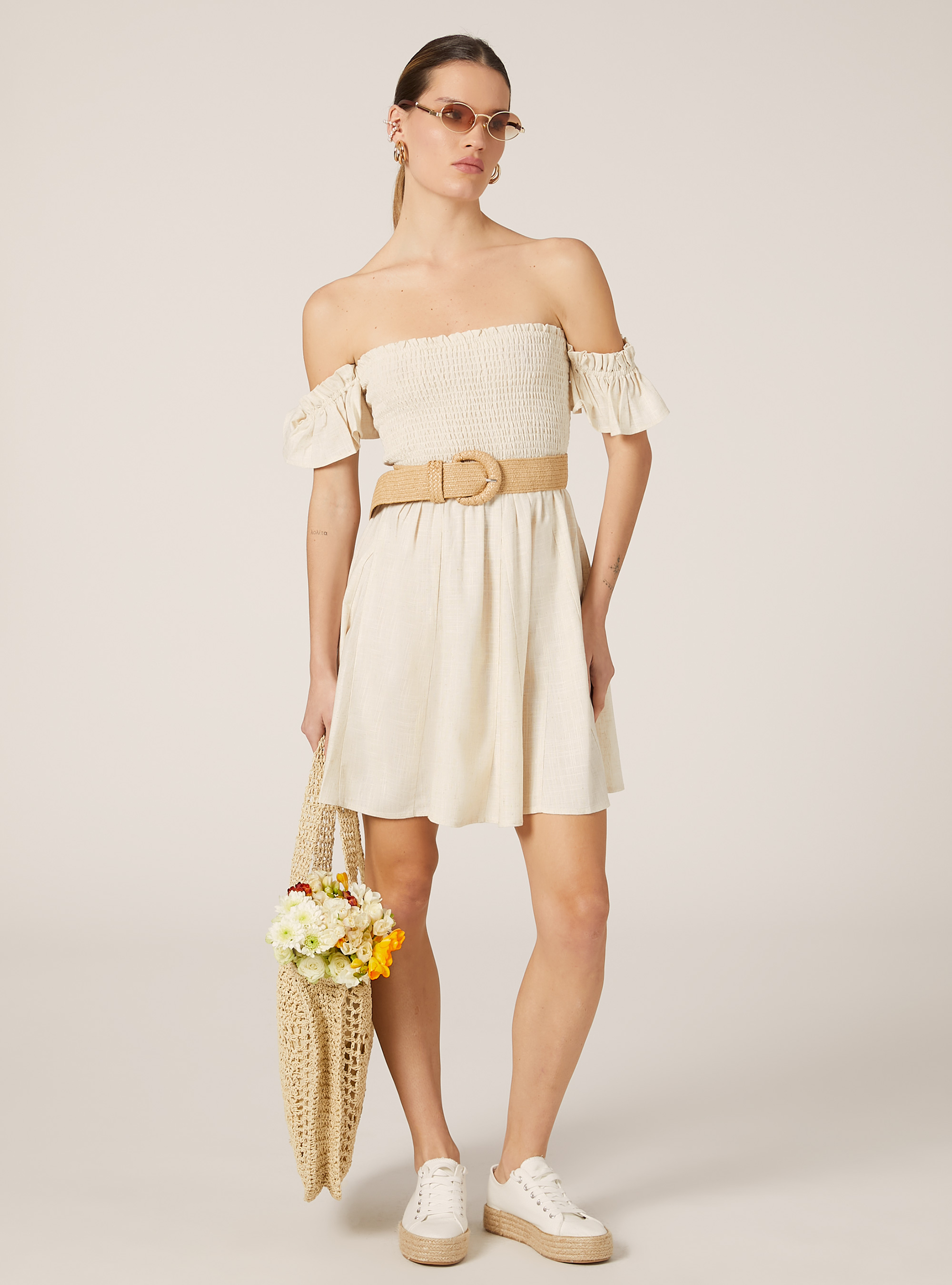 Linen blend gathered dress, MBG3 BEIGE MEL LIGHT