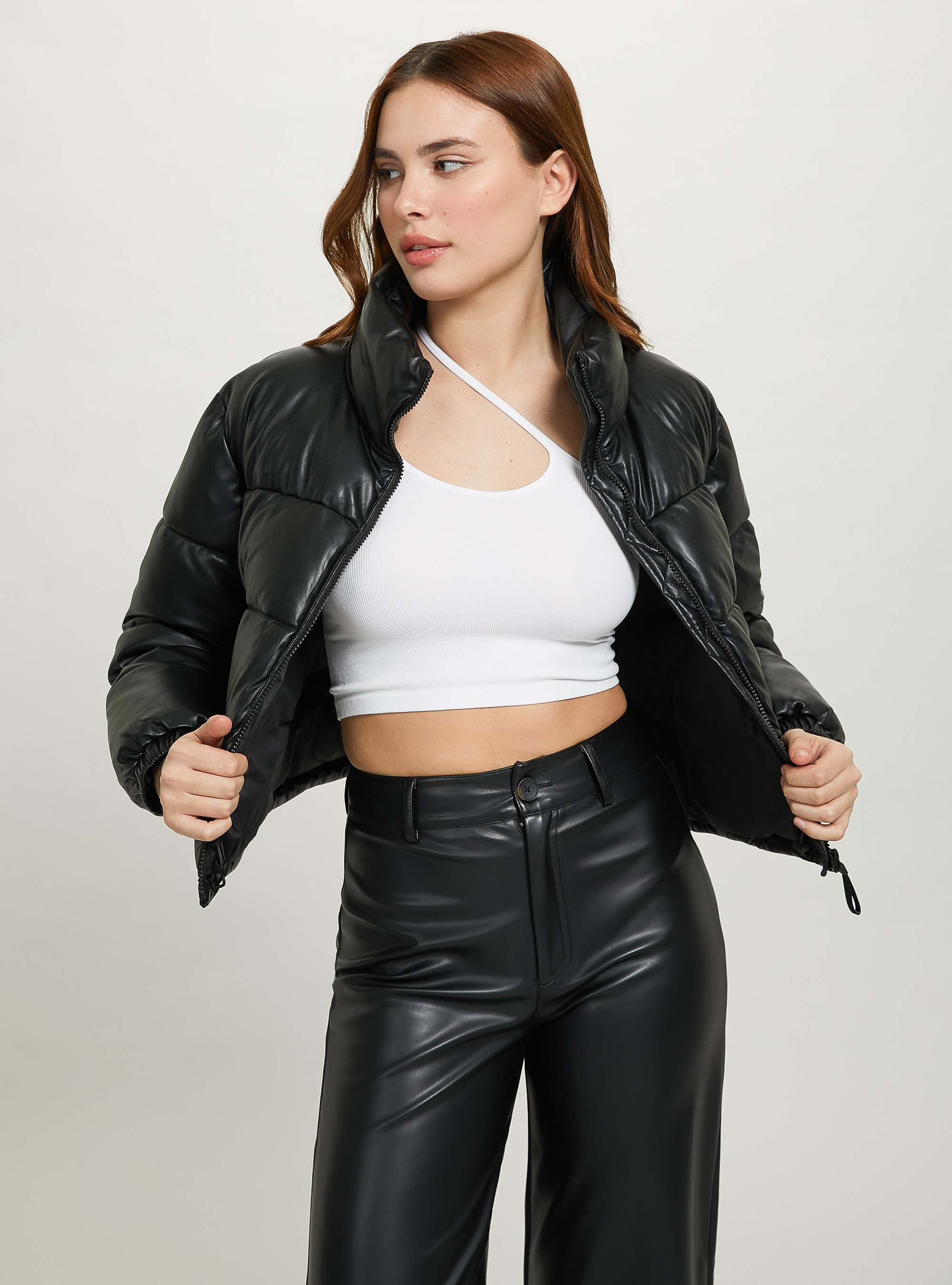 Cropped leather-effect jacket, BK1 BLACK