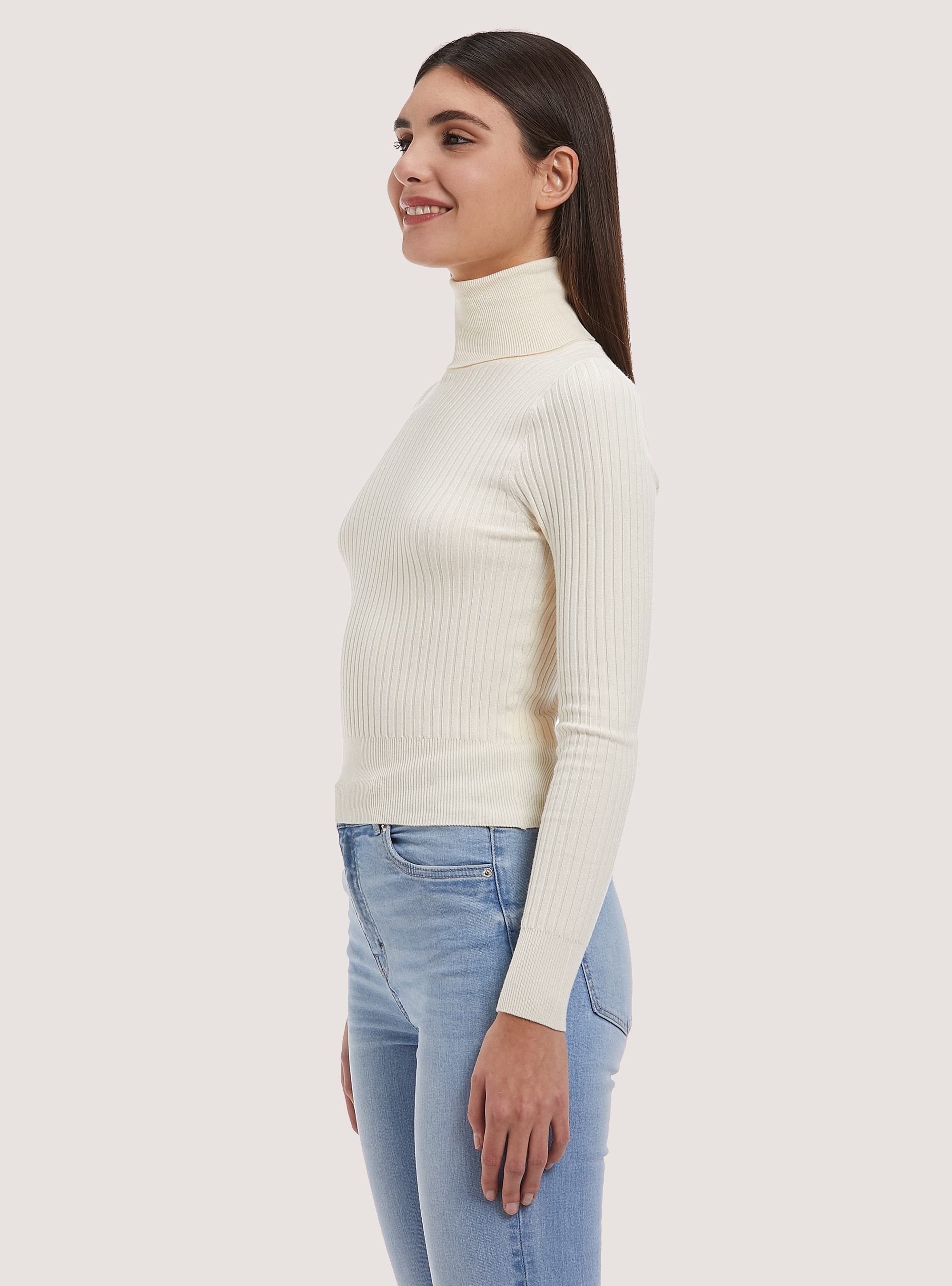 Pullover cropped a collo alto a coste, WH1 OFF WHITE