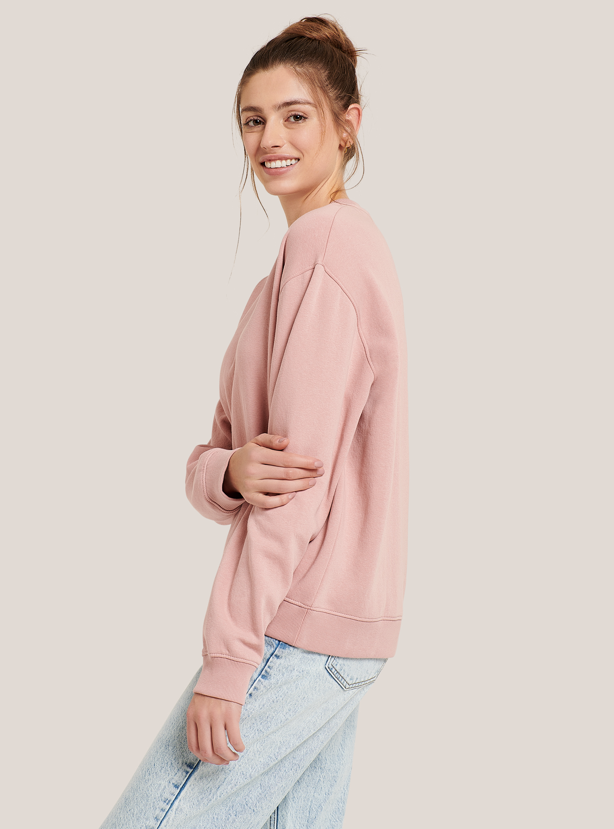 Basic round-neck cotton sweatshirt, PINK