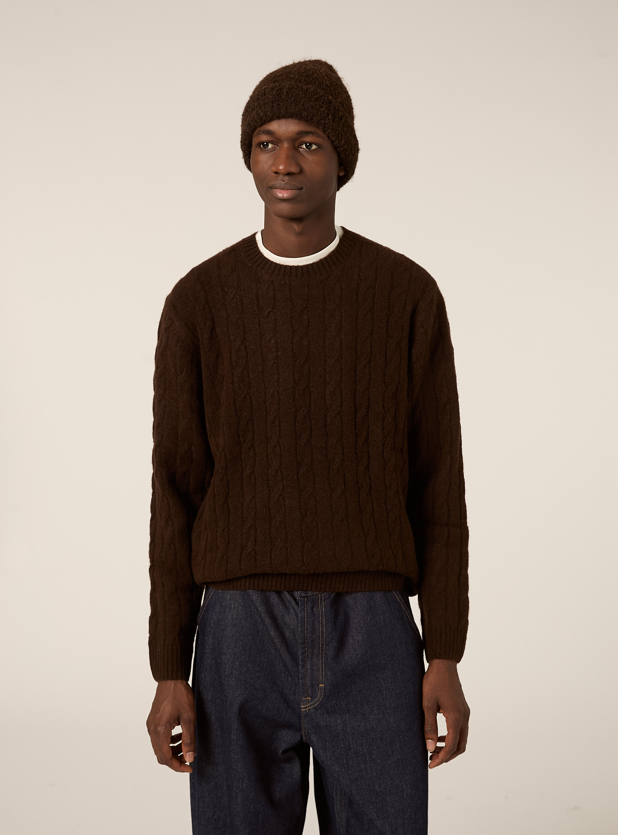 Maglione girocollo cable, MBR1 BROWN MEL DARK