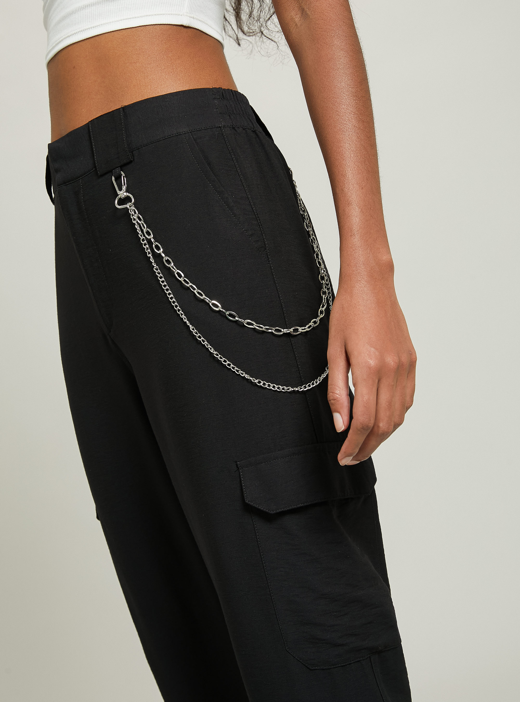 Linen blend chain trousers, BK1 BLACK