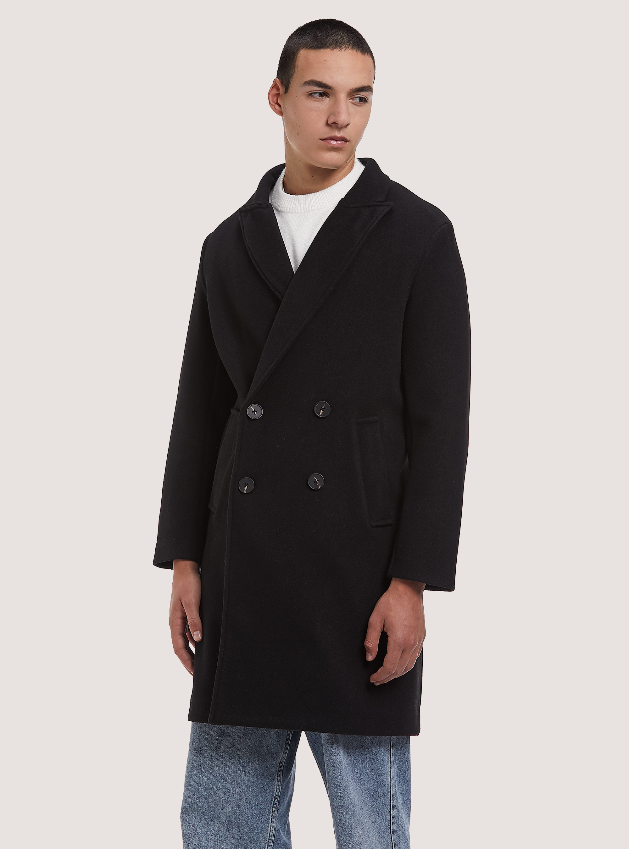 Solid-coloured double-breasted coat, BK1 BLACK