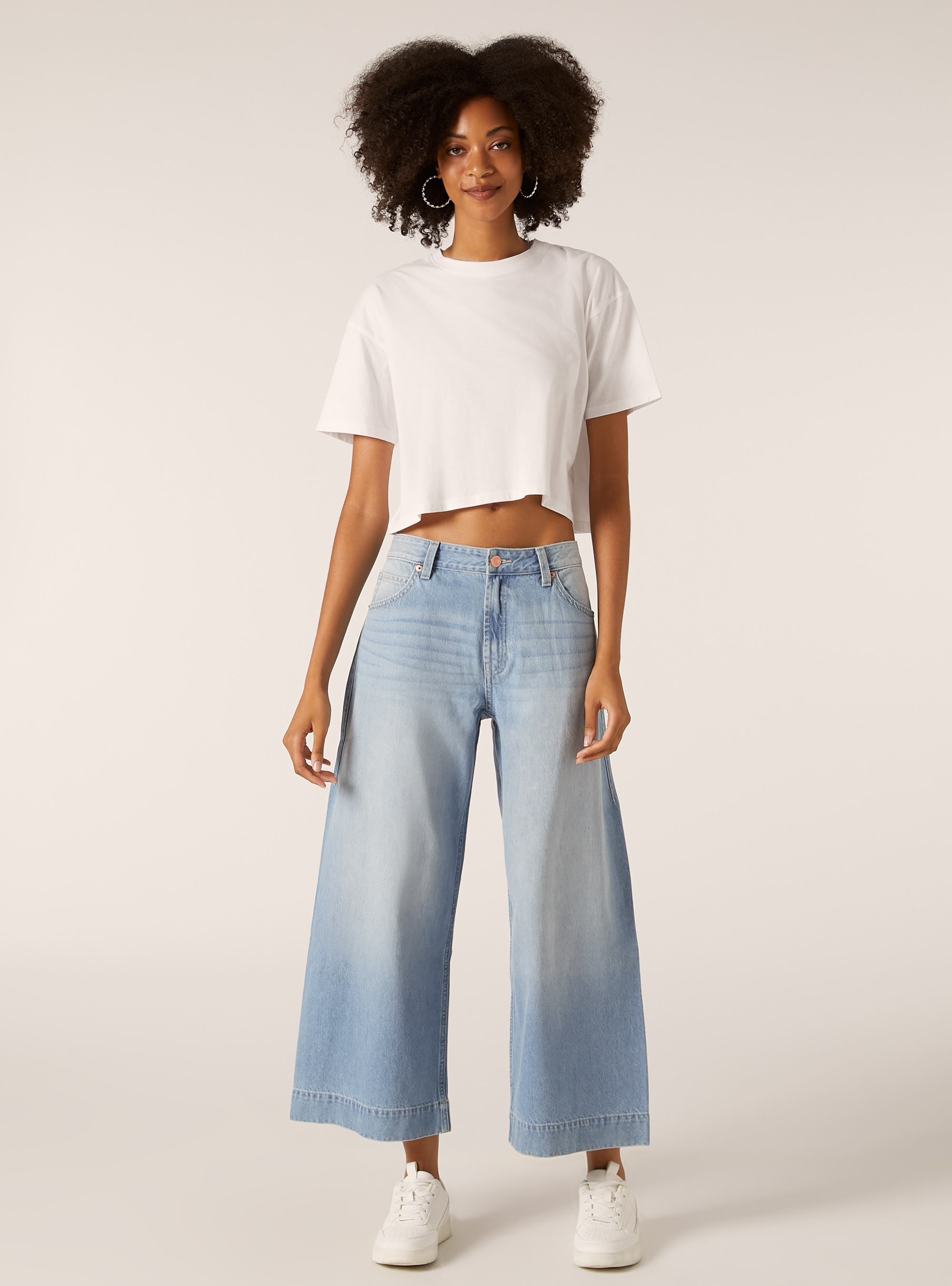 Coloured wide leg cropped jeans, D006 AZURE