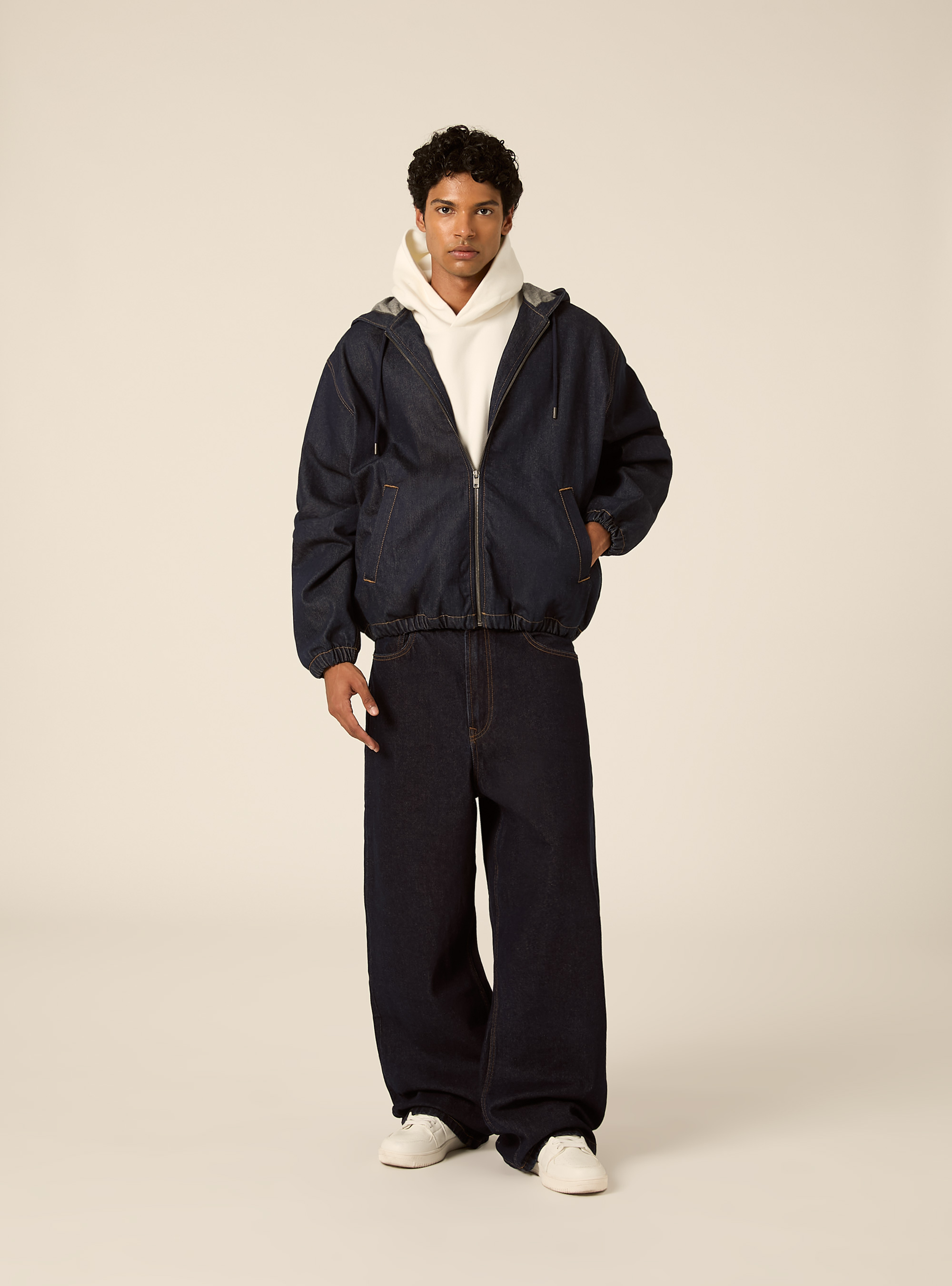 Giubbotto cappuccio in denim, D001 DEEP BLUE