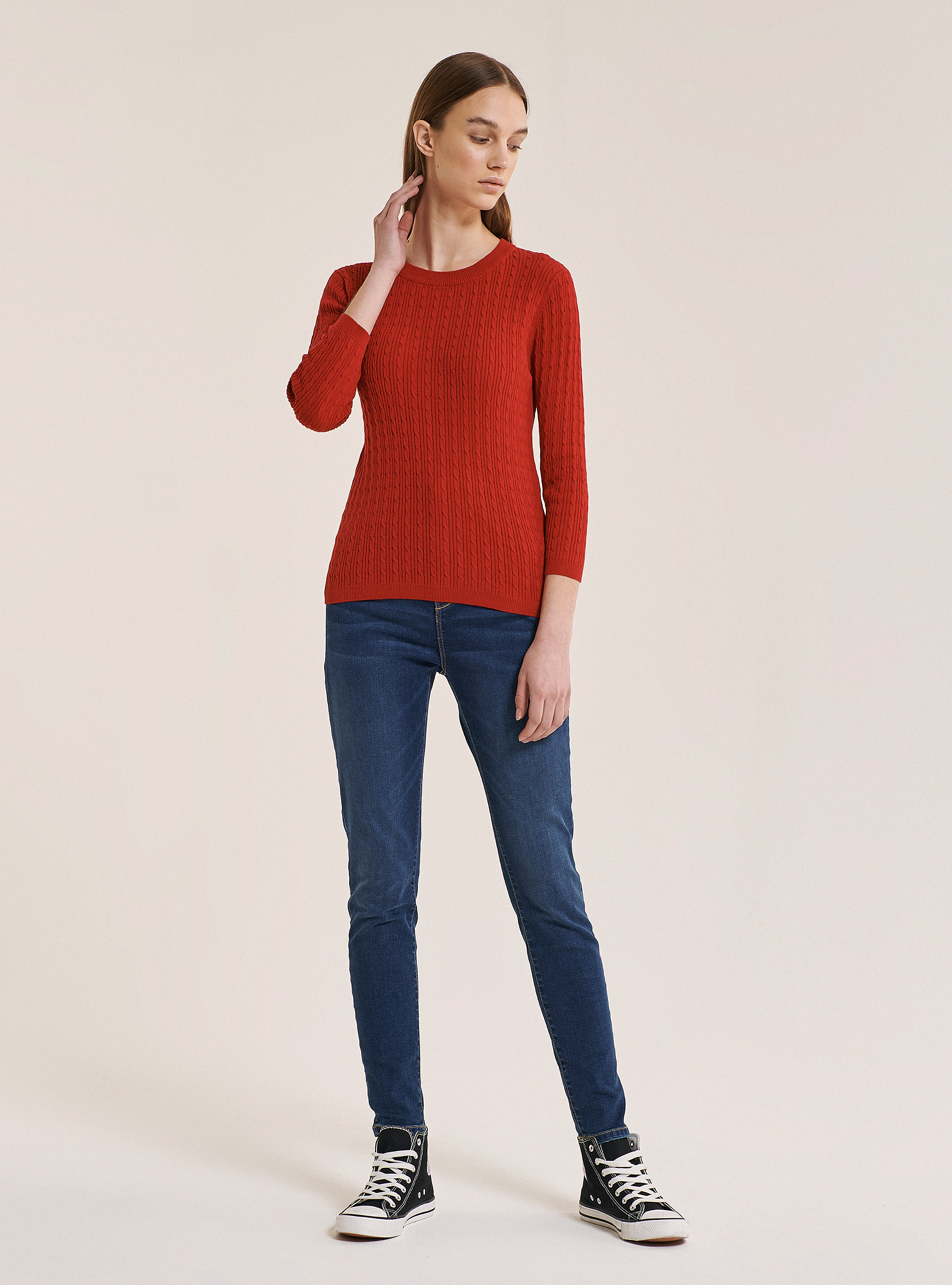 Jersey de cuello redondo con tejido de ochos, ROJO