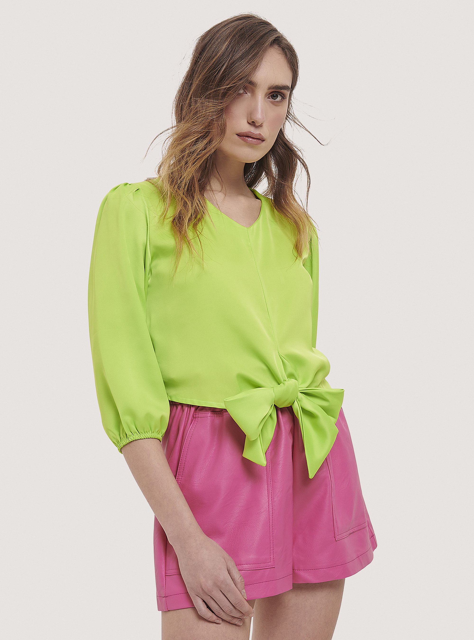 Satin blouse with knot, C7752 LIME