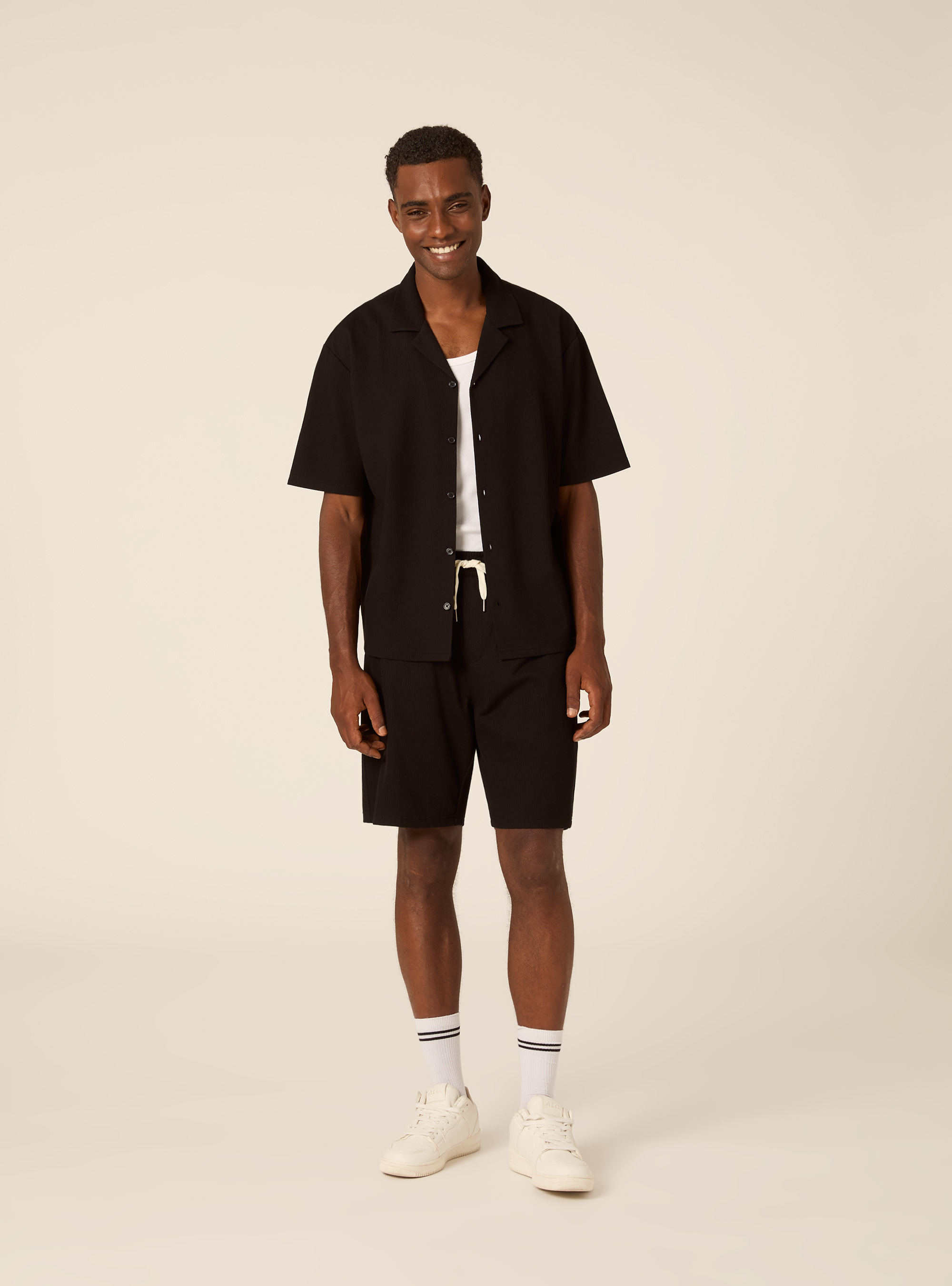 Knit Regular Fit Bowling Shirt, BK1 BLACK
