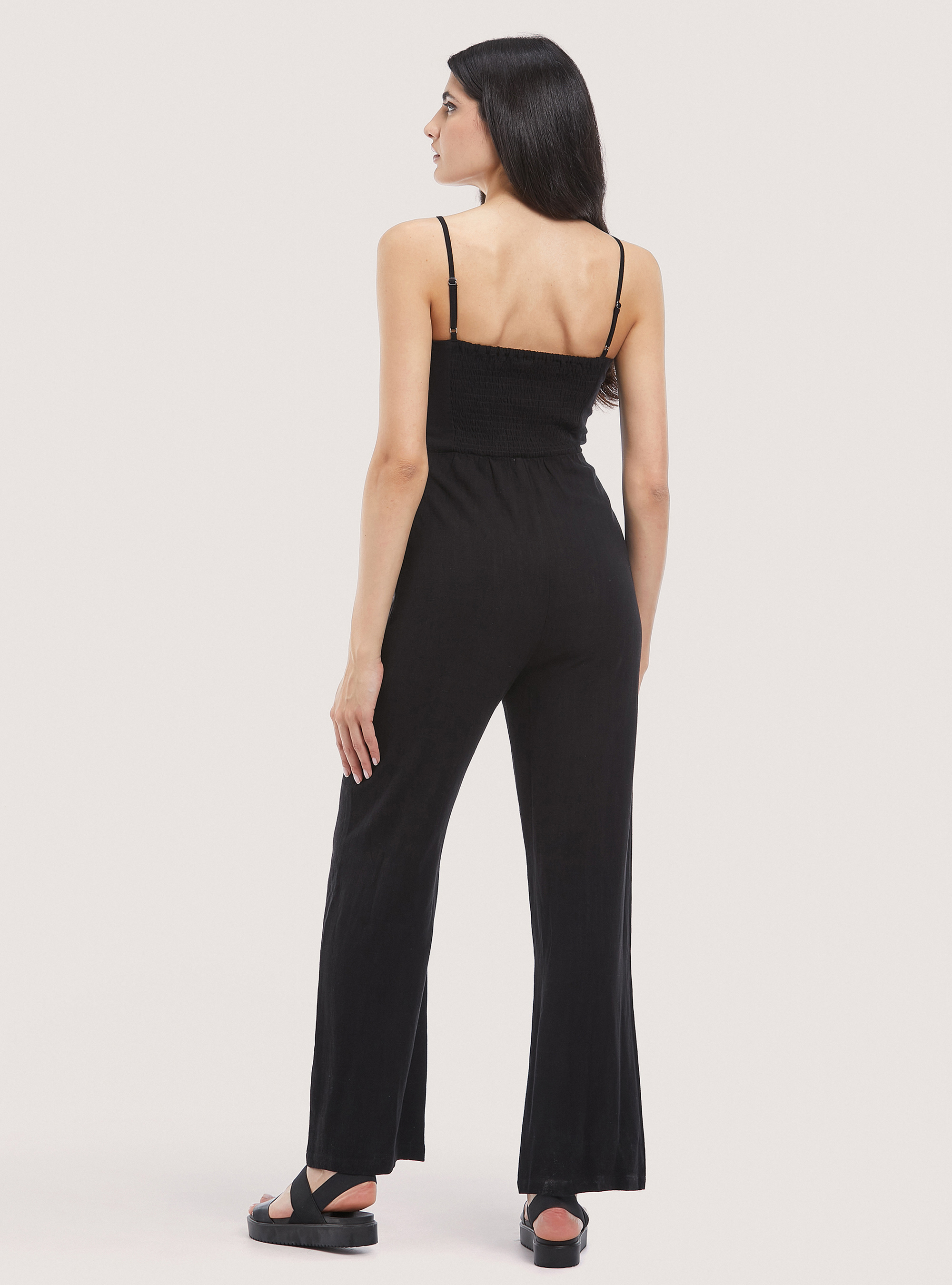 Linen-blend jumpsuit with braces, BLACK