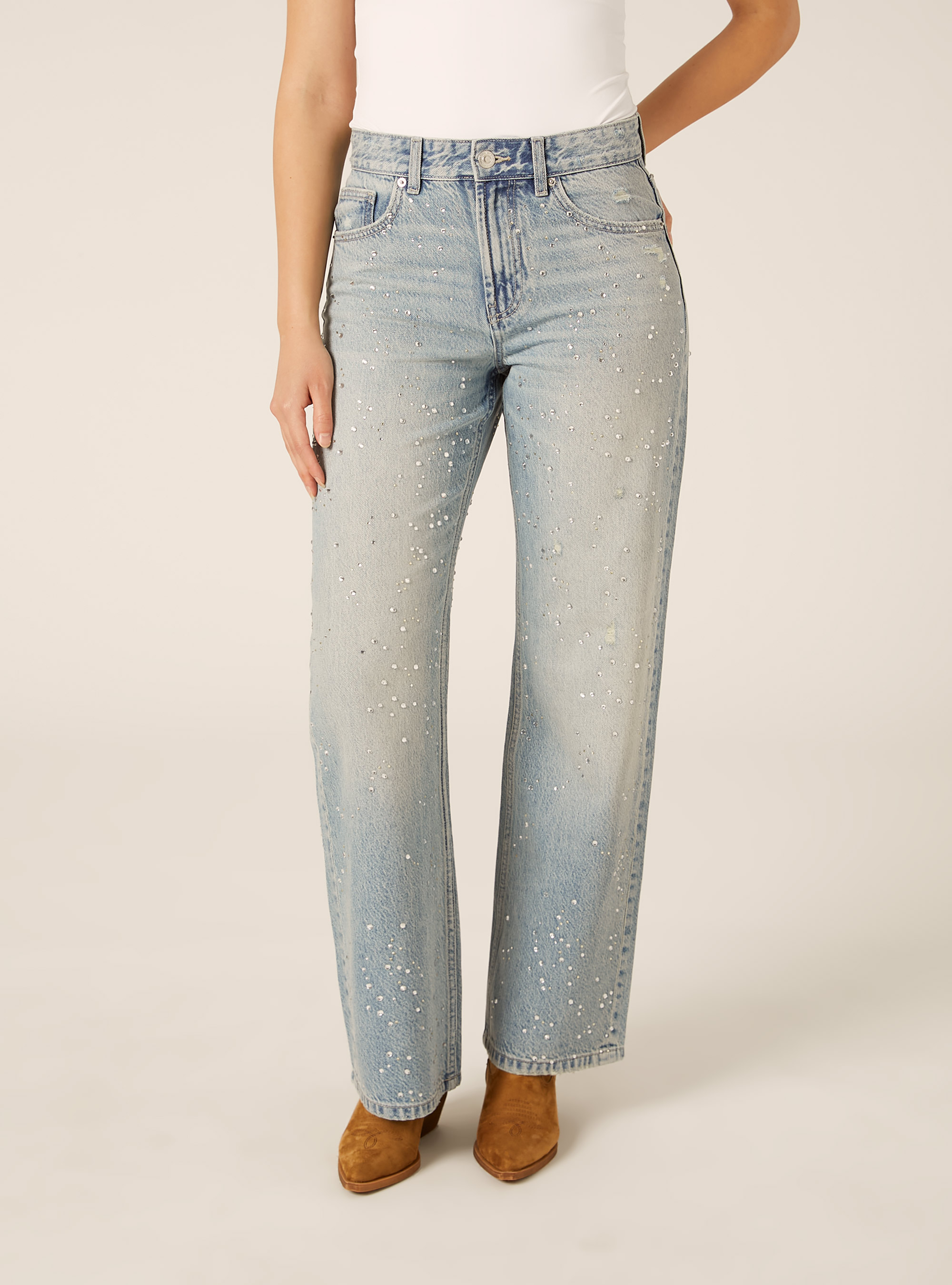 Jeans straight in denim con strass, D006 AZURE