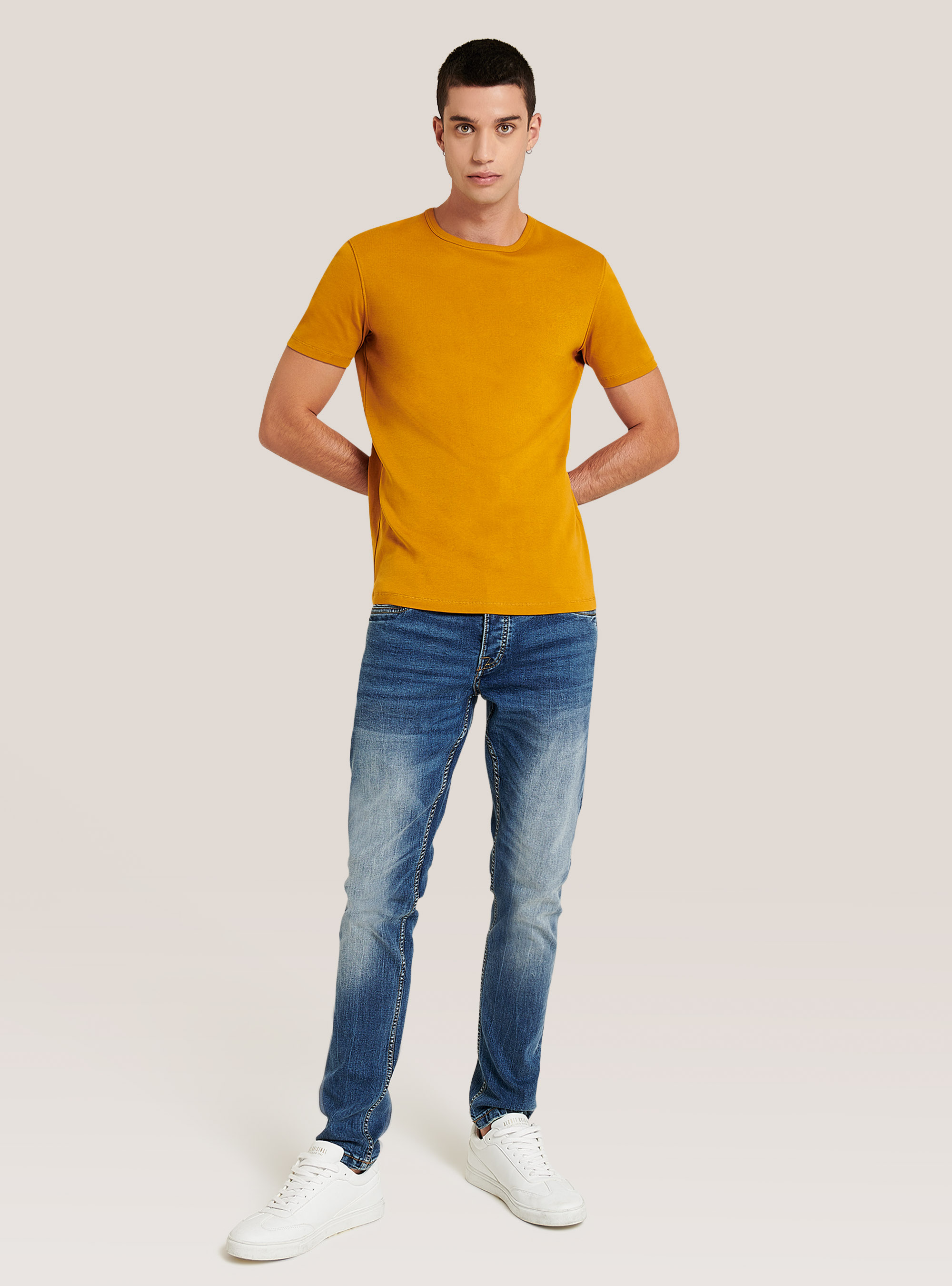 Einfarbiges T-Shirt aus Baumwolle, C7720 SENAPE