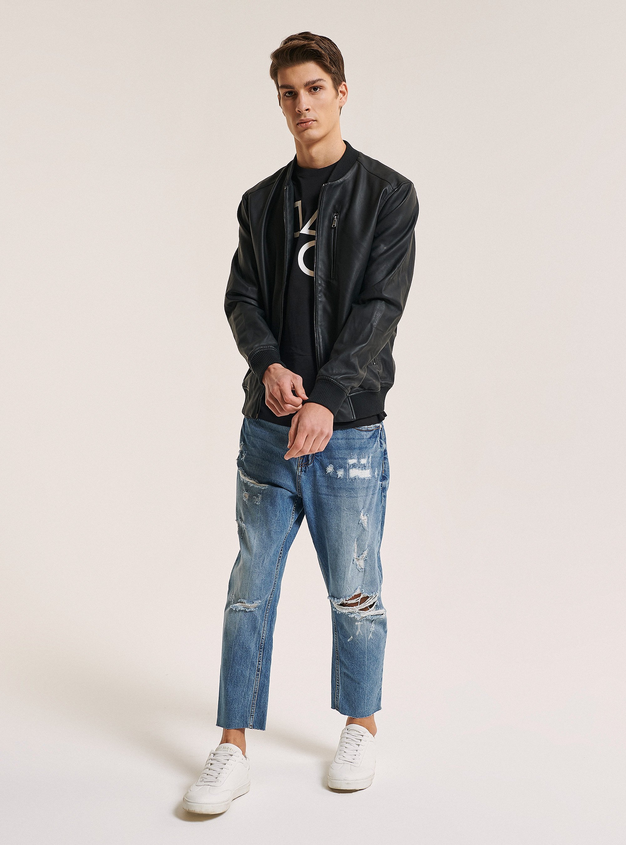 Jacket with leather effect zipper, BLACK