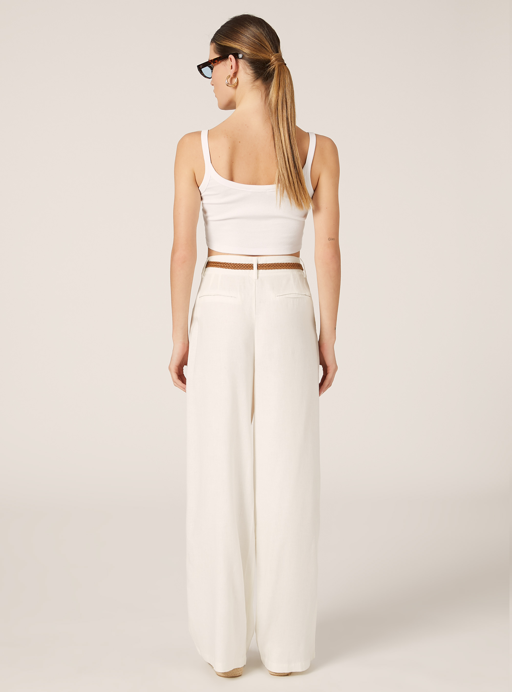 Pantalón de mezcla de lino con cinturón, WH2 WHITE