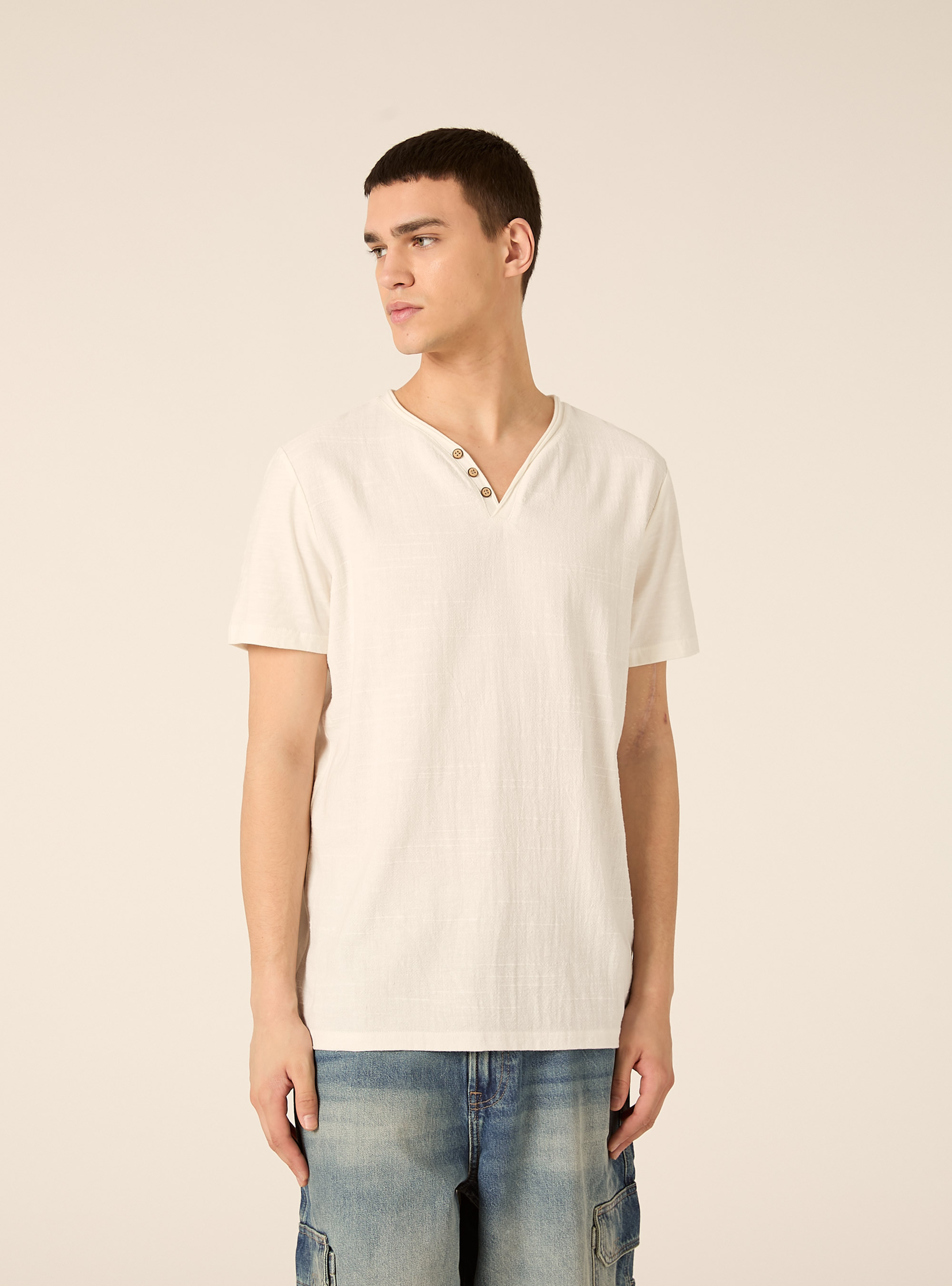 V-neck linen blend T-shirt, WH2 WHITE