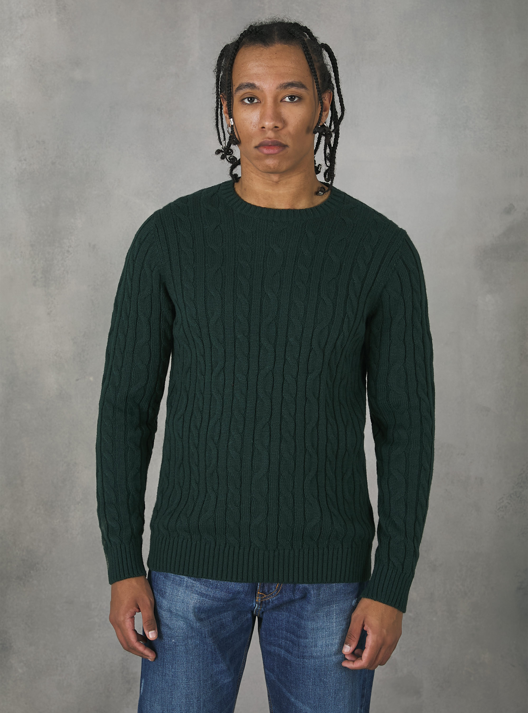 Crew-neck pullover with braids, GN1 GREEN DARK