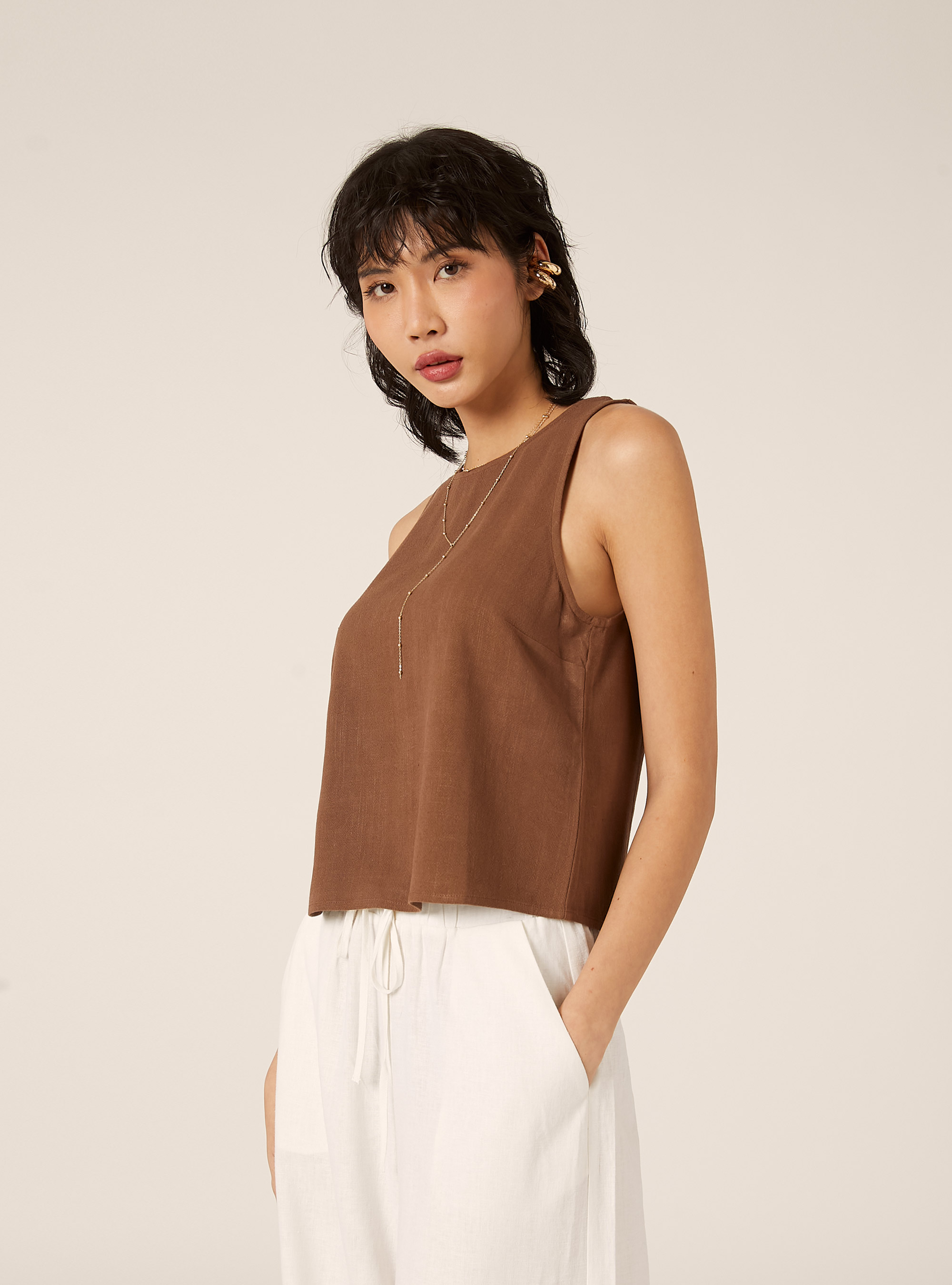 Canotta basic in misto lino, BR2 BROWN MEDIUM