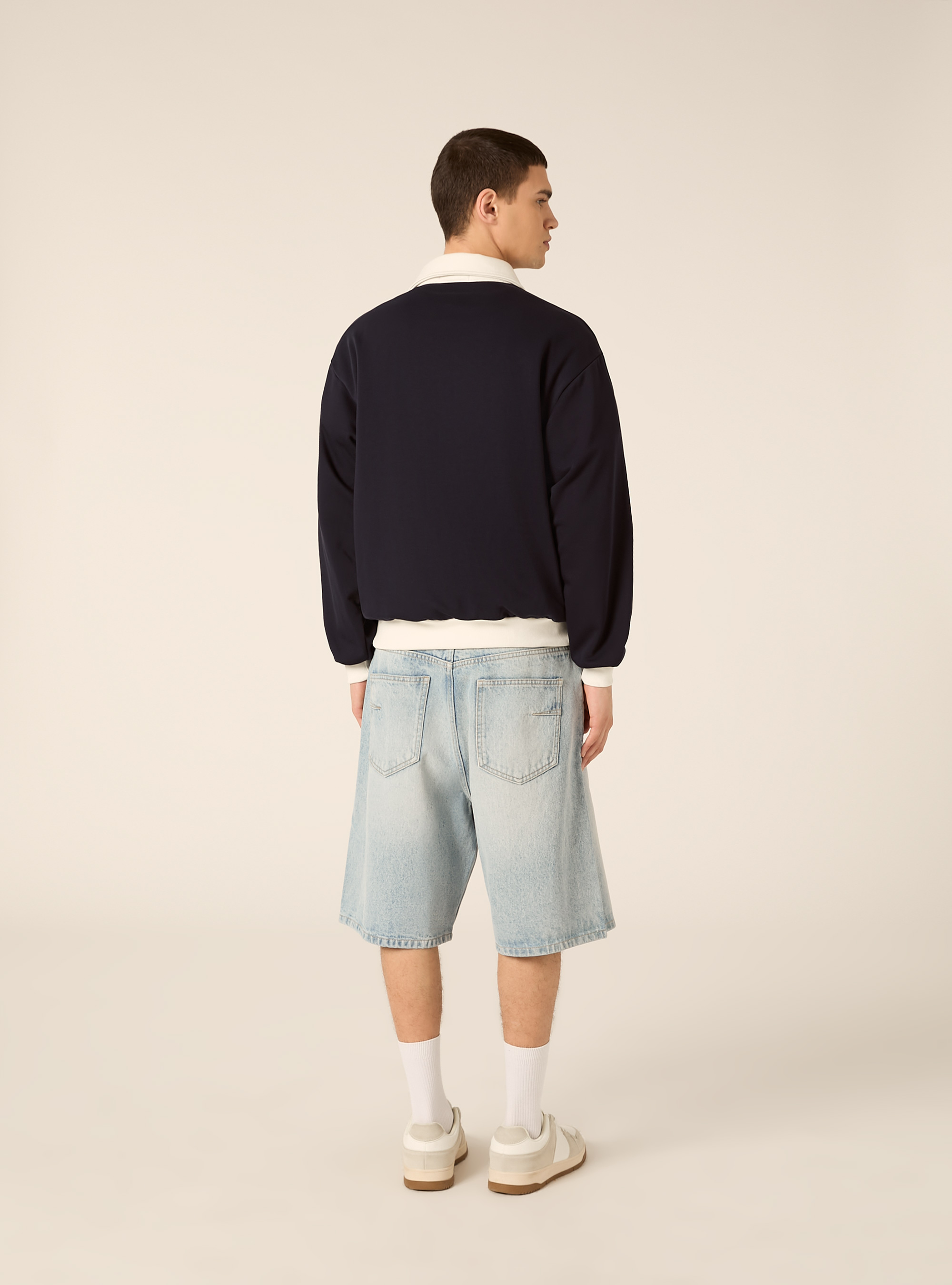 Felpa collo polo con zip boxy fit stampata, NA2 NAVY MEDIUM