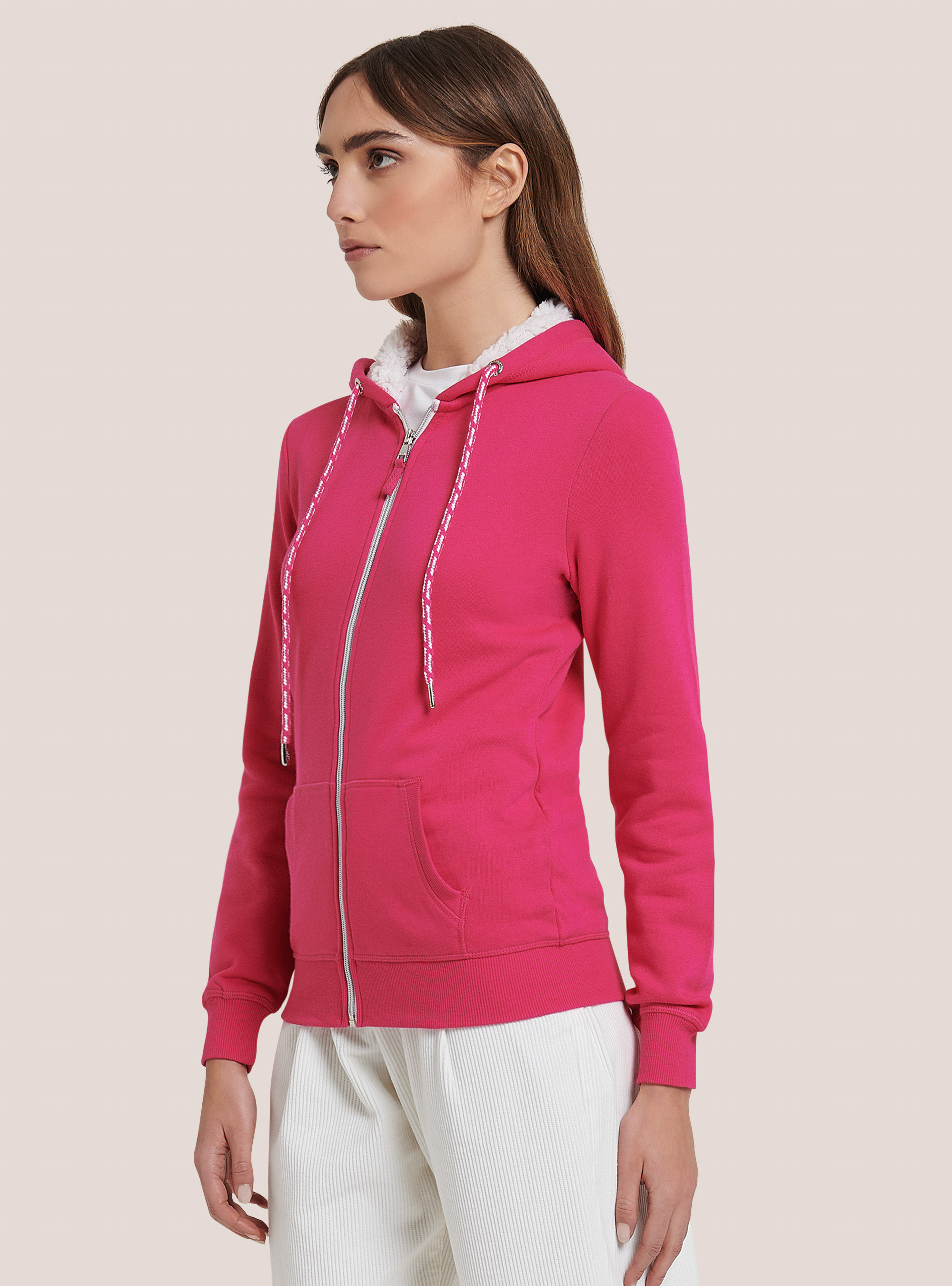 Sweatshirt mit Reißverschluss und Kapuze aus Kunstfell, C4435 FUXIA