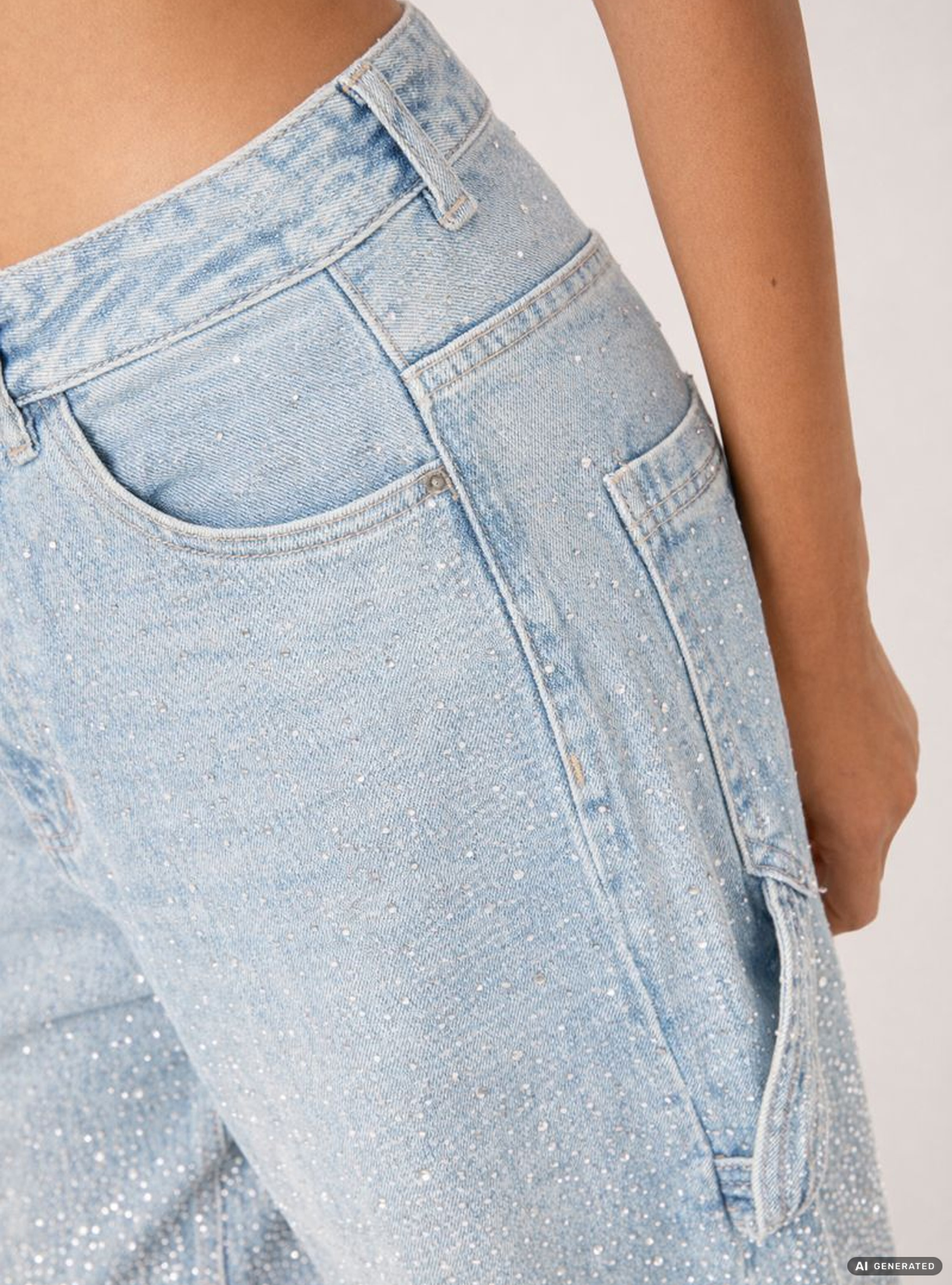 Jeans baggy carpenter avec strass, D006 AZURE