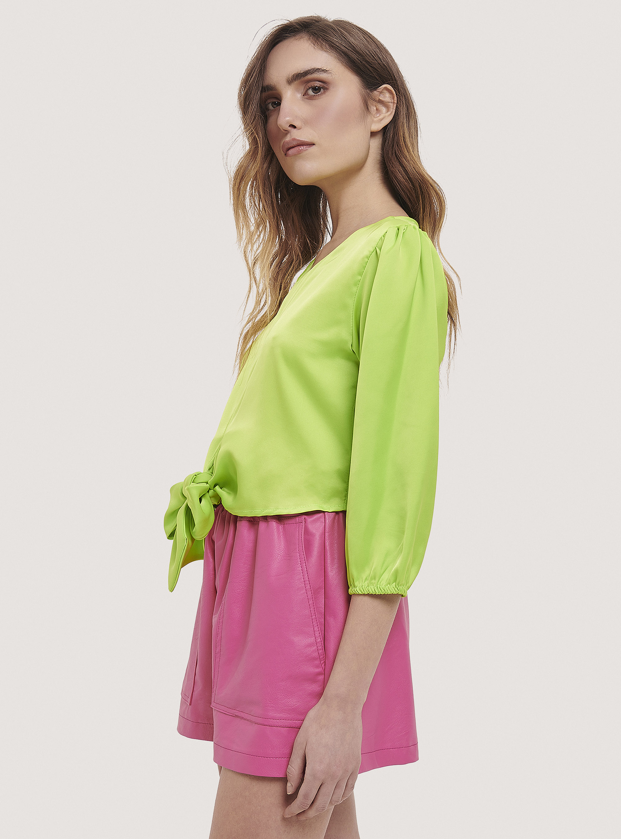 Satin blouse with knot, C7752 LIME