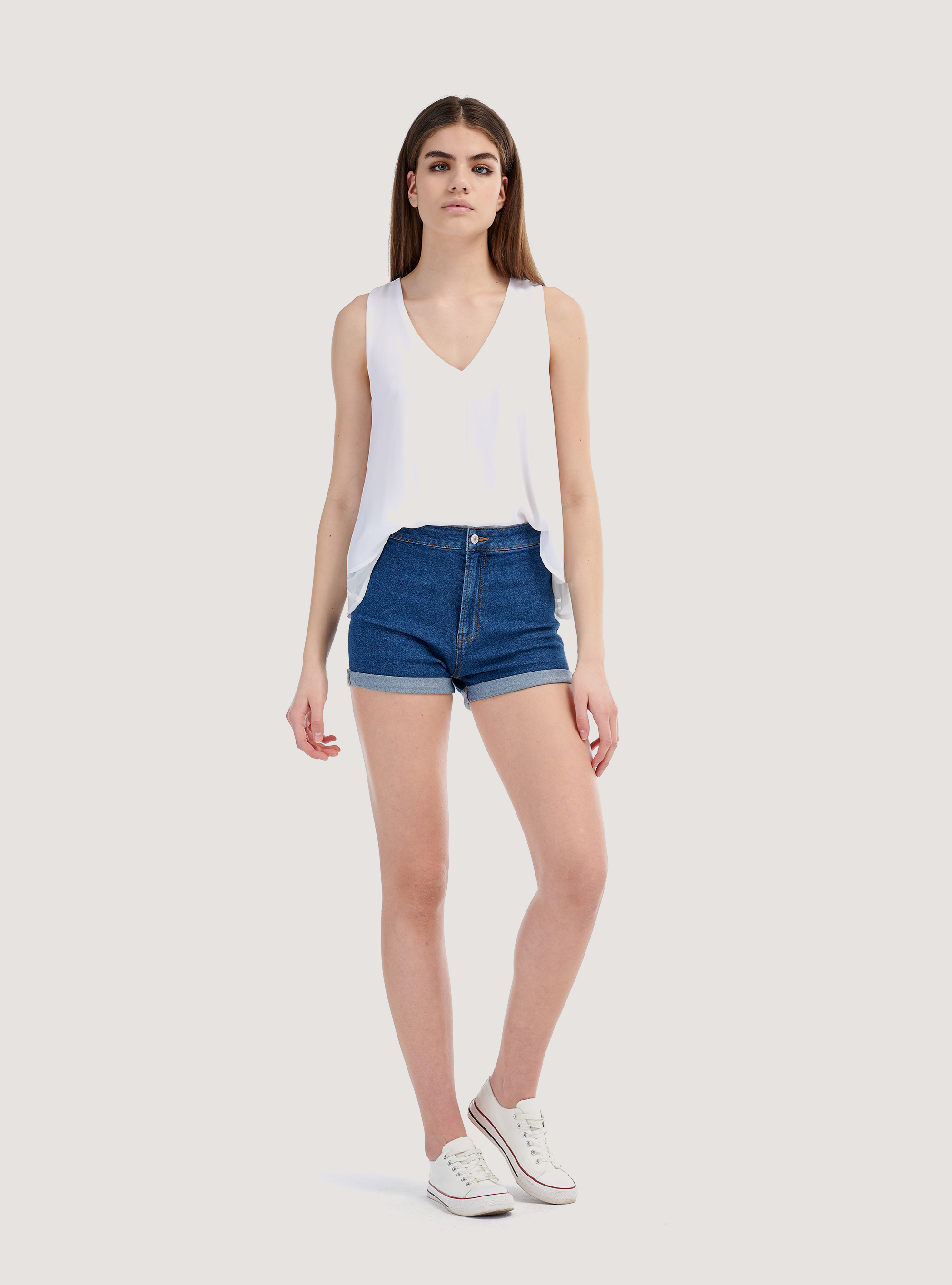 Short en denim extensible avec revers, D003 MEDIUM BLUE