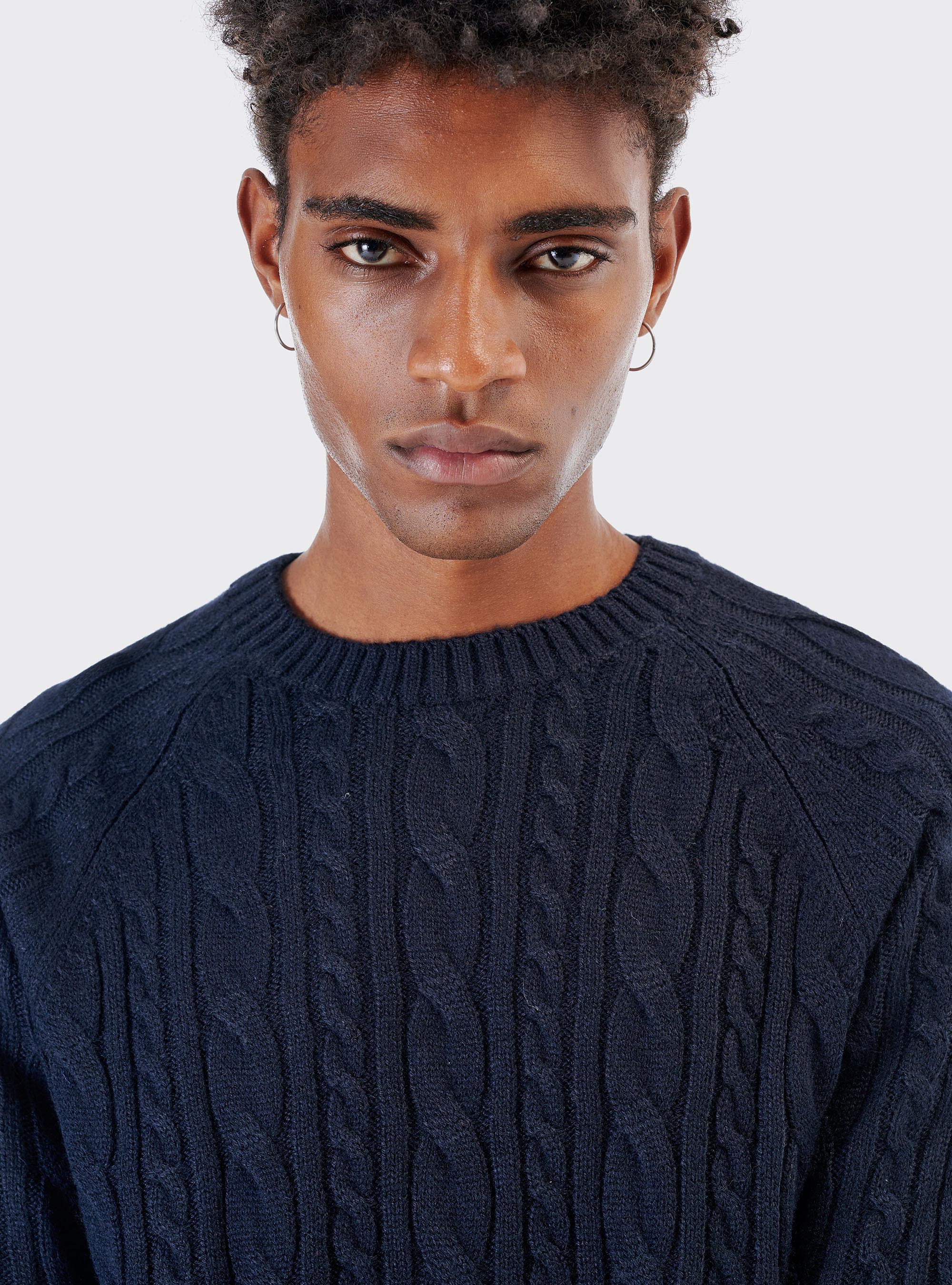 Pullover in misto lana con lavorazione a trecce, BLU MARINO