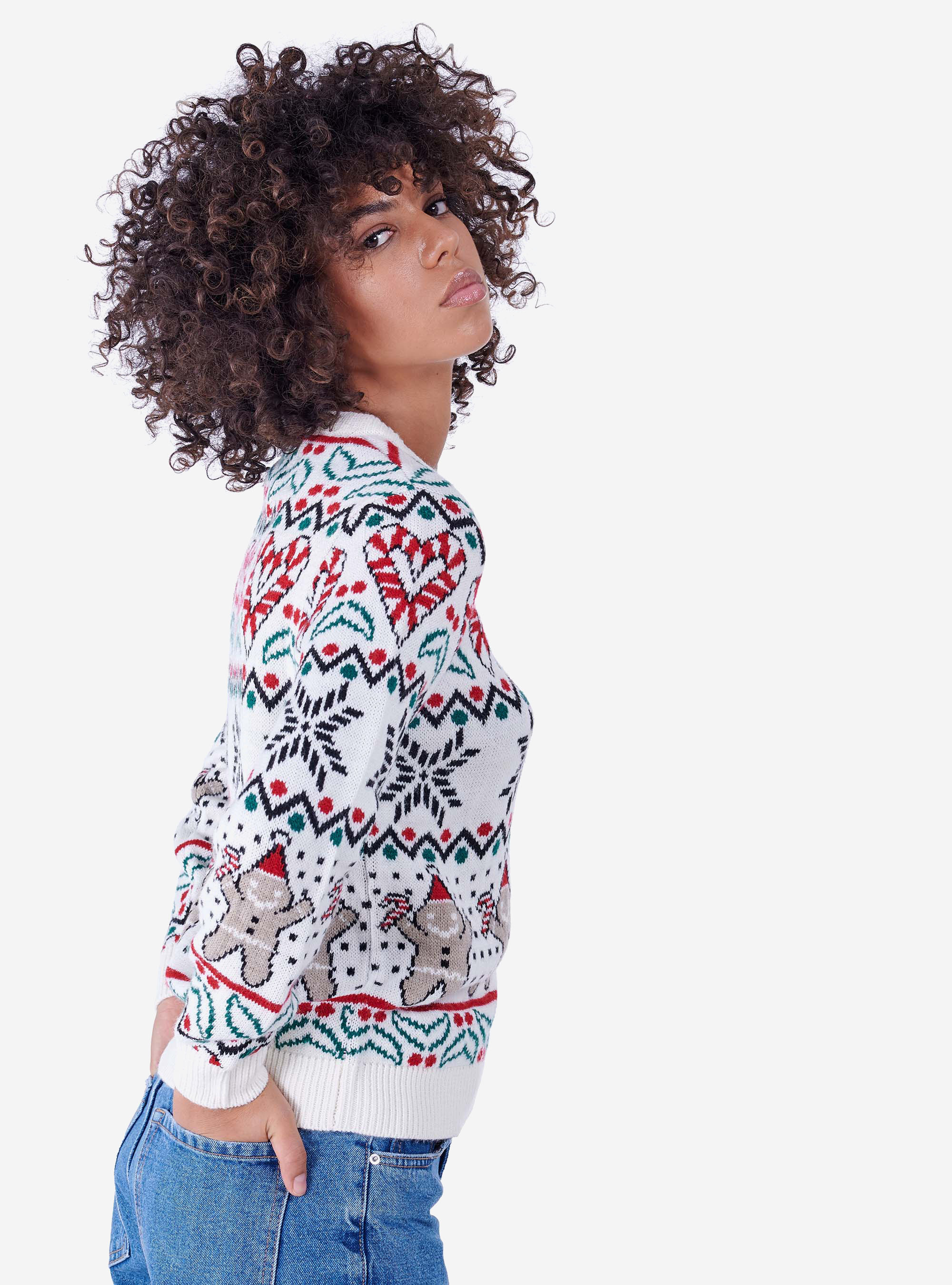 JERSEY CUELLO REDONDO CON MOTIVOS NAVIDEÑOS, BLANCO