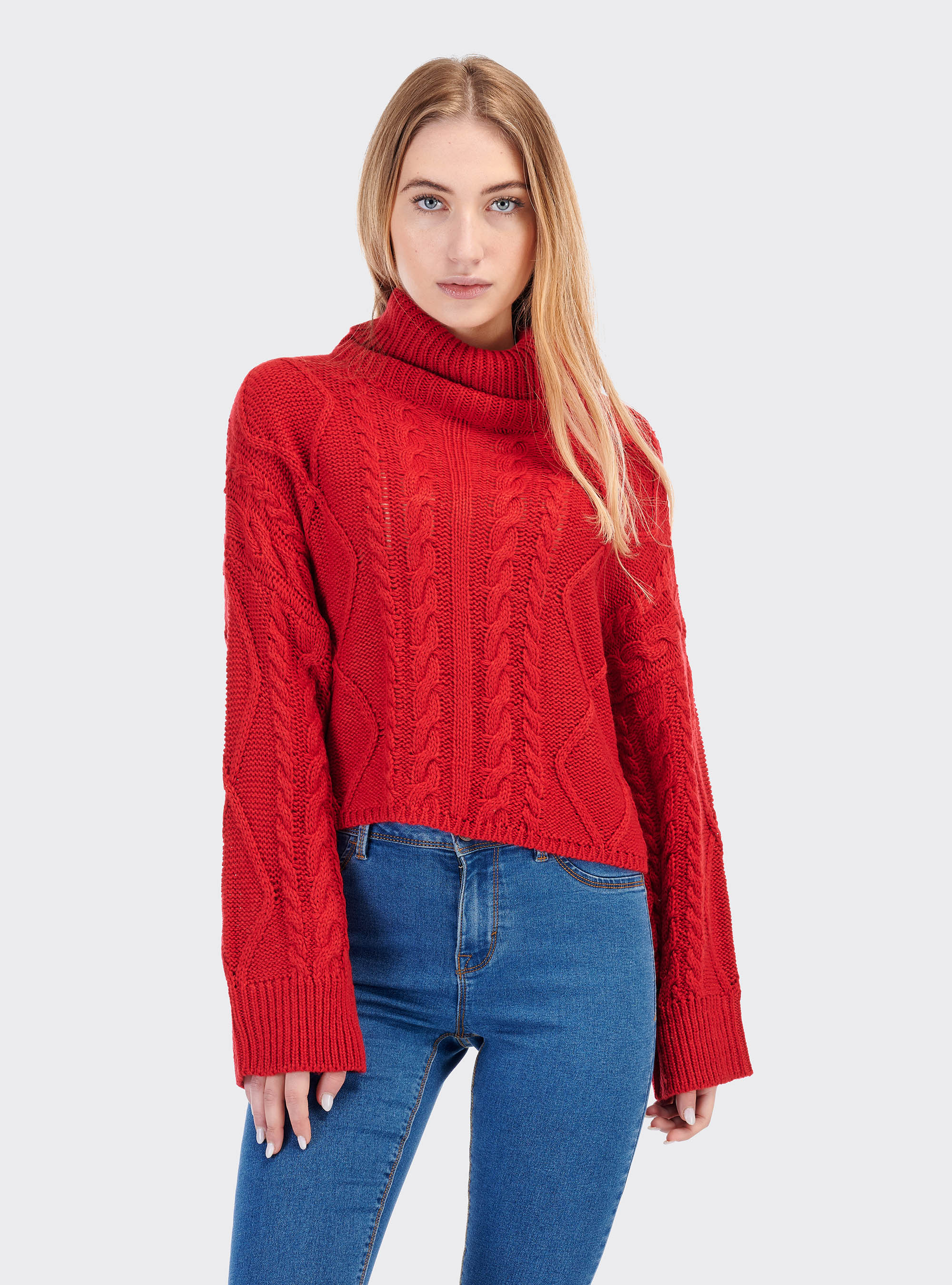 Cropped pullover with braids in wool blend, RED
