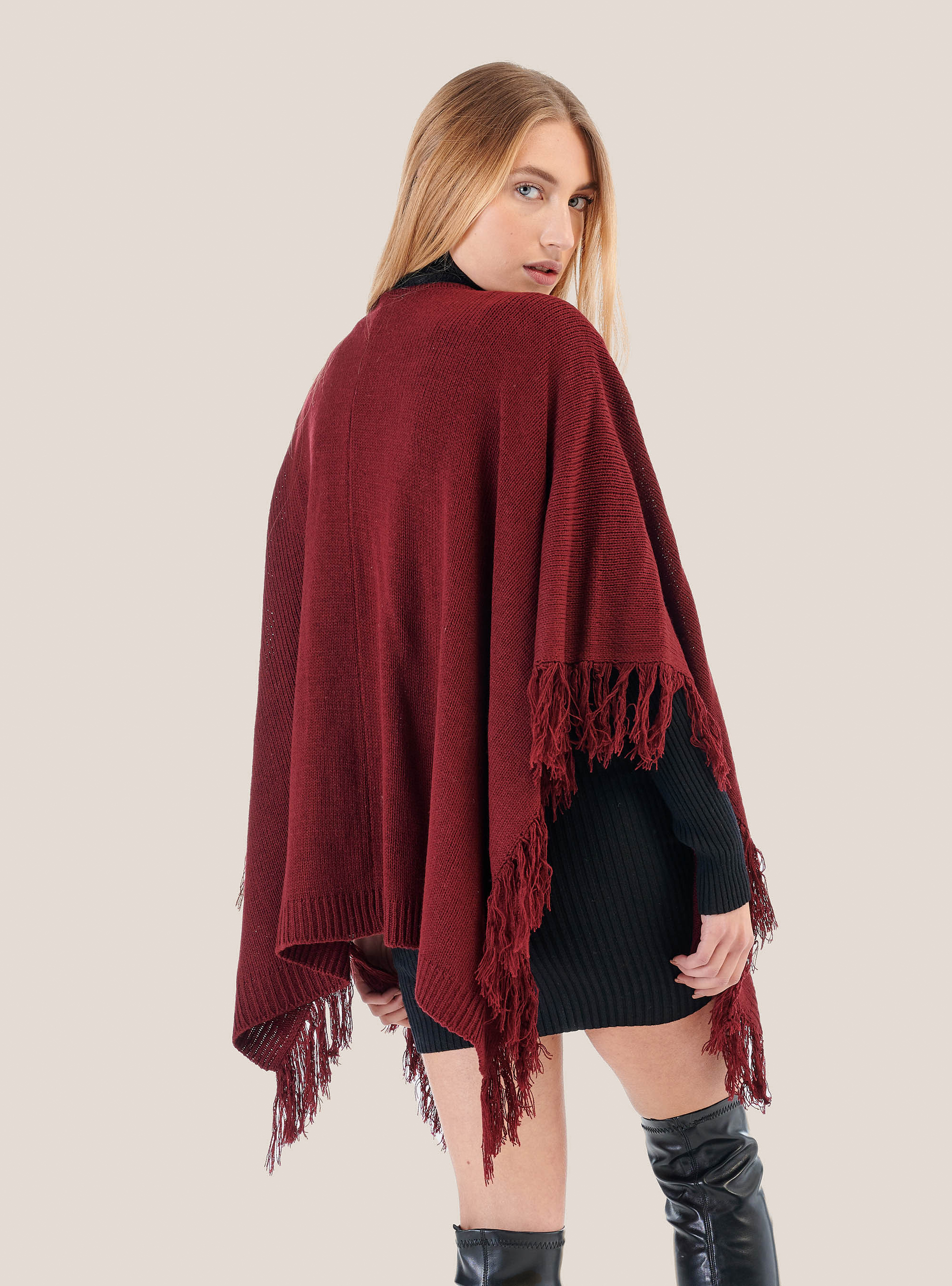 Poncho à franges, C326 BORDEAUX