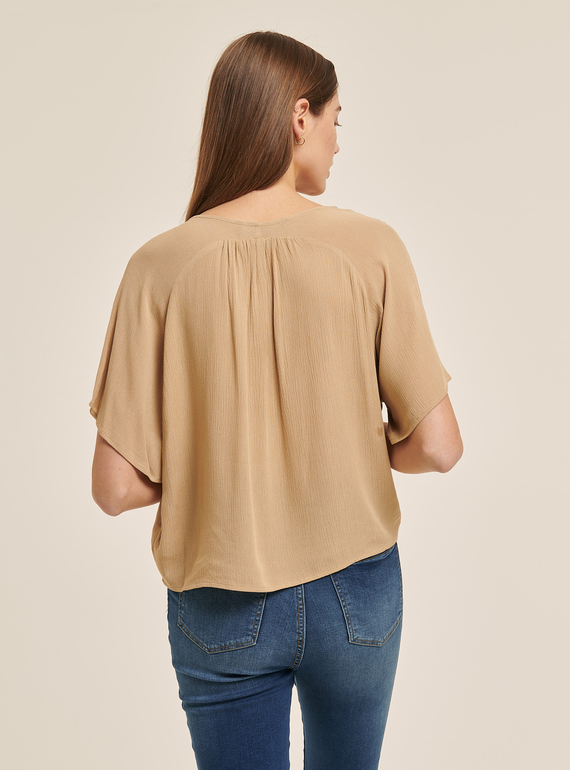 Chemisier col v couleur unie, C4505 BEIGE