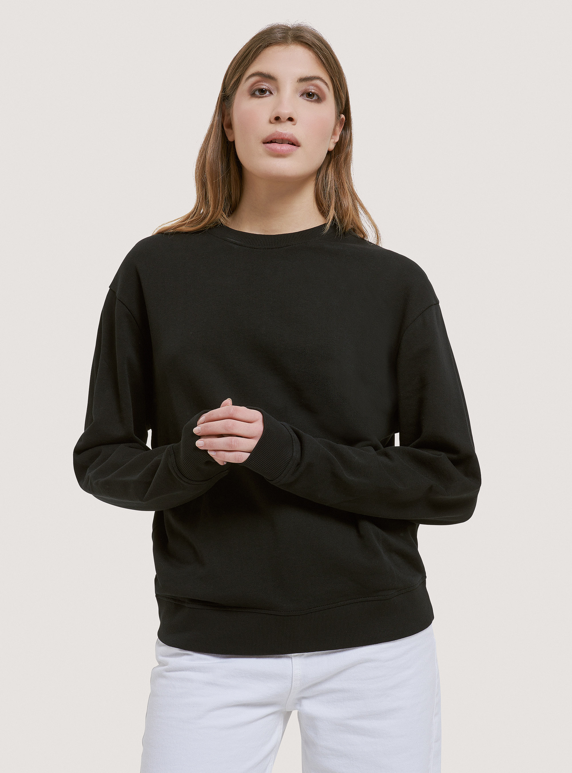 Sweat-shirt basique à col ras du cou en coton, C101 BLACK