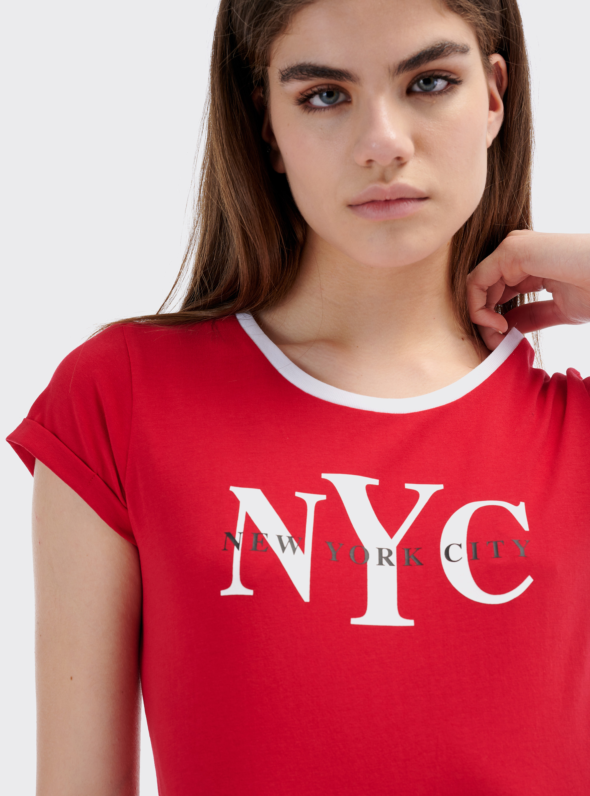 Maglietta con stampa e bordi a contrasto in cotone combed, ROSSO