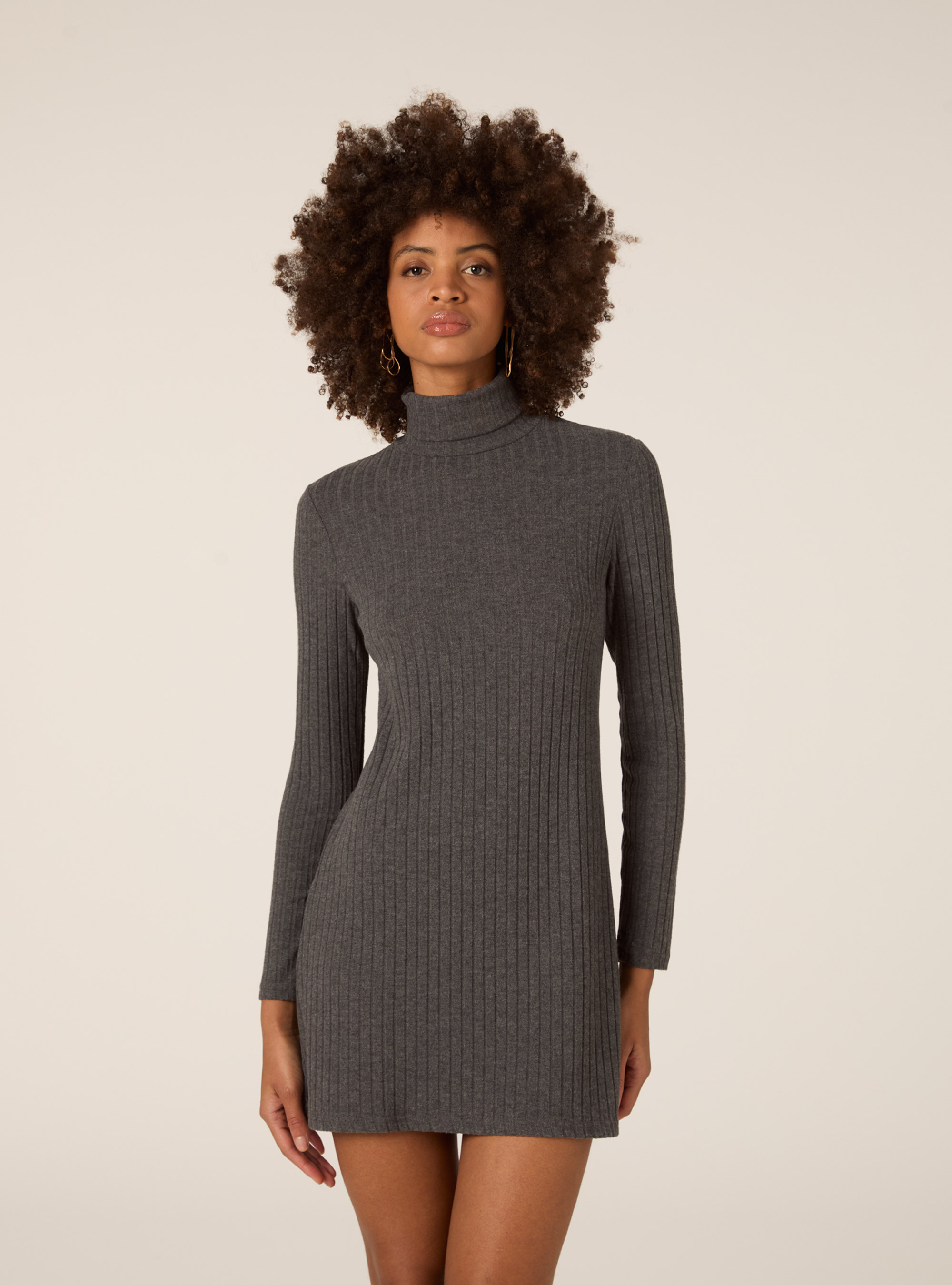 SHORT DRESS WITH HIGH RIBBED COLLAR, GREY MELANGE