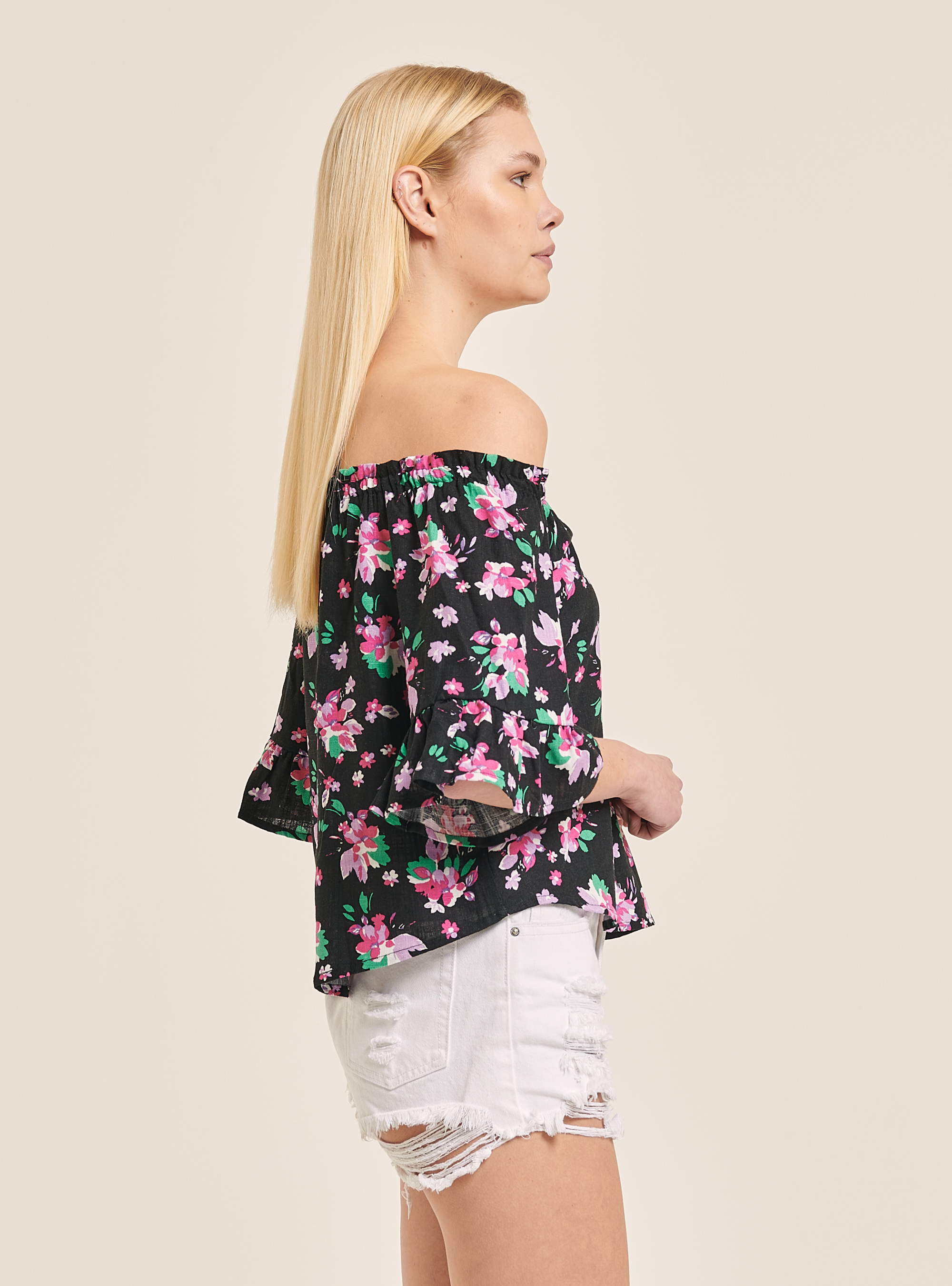 Blusa in misto lino con scollo bardot e fantasia a fiori, MULTICOLORE