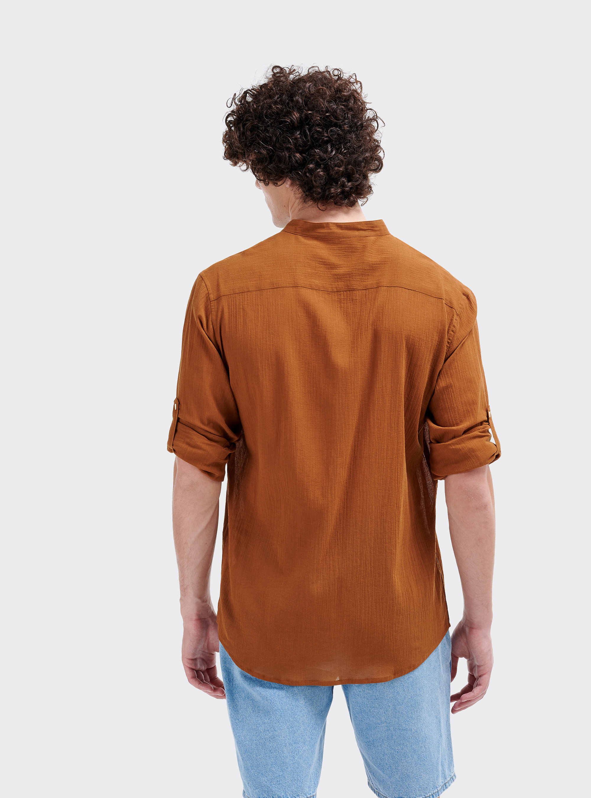 Camicia collo coreano manica lunga, C5573 TOBACCO