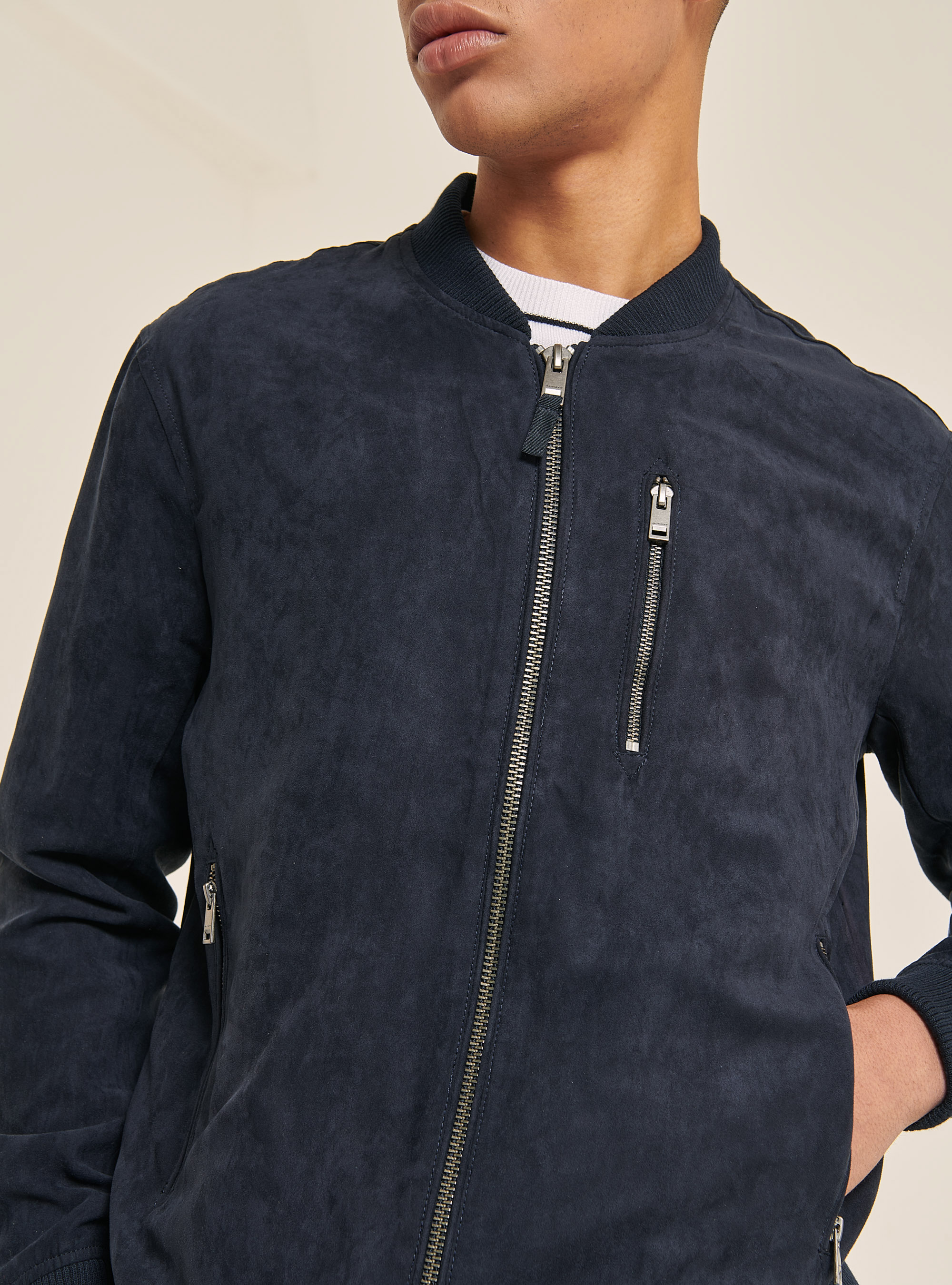 Blouson bomber effet faux daim, C204 BLU NAVY