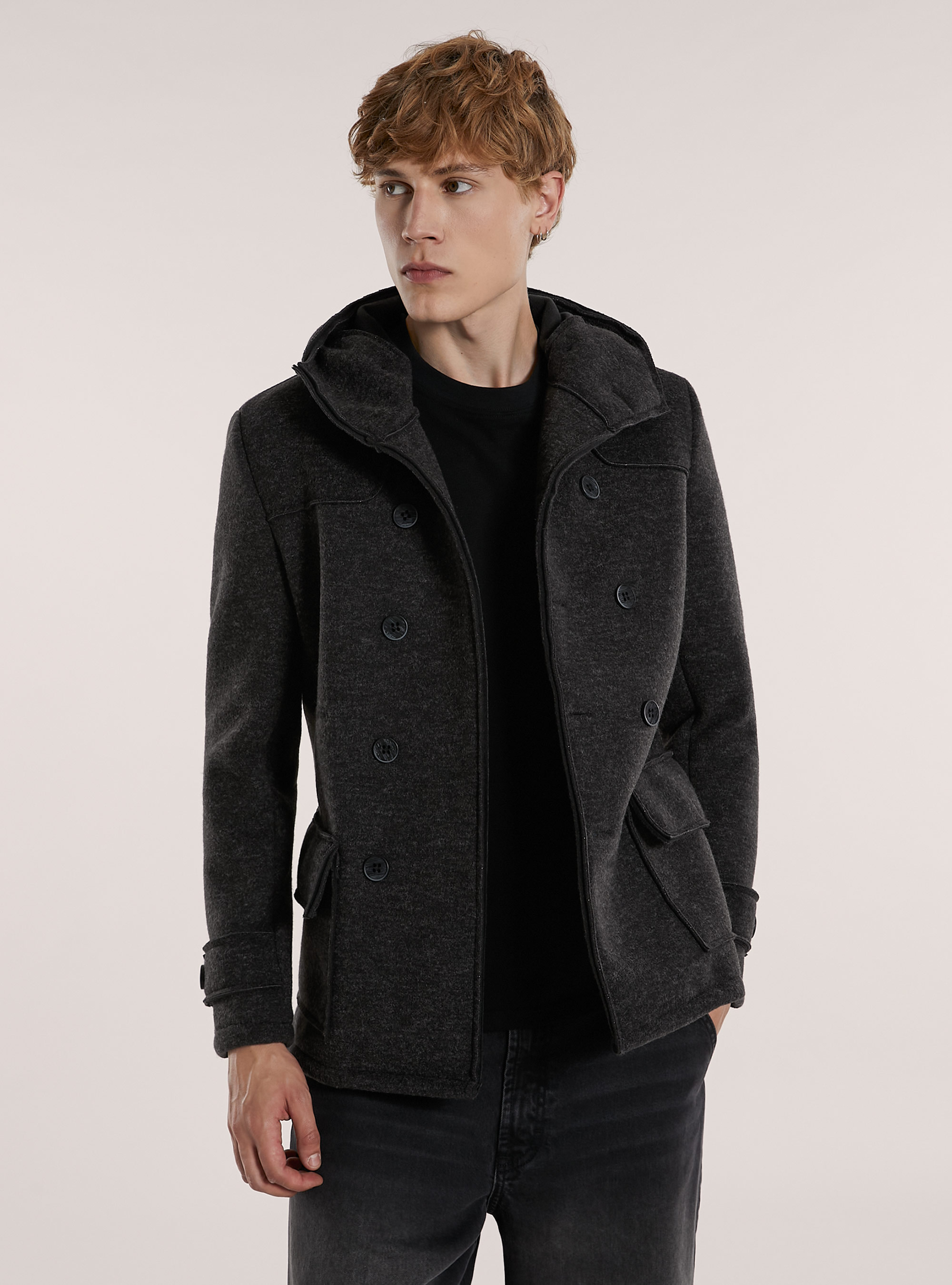 Double-breasted caban coat with hood, GY1 GREY DARK