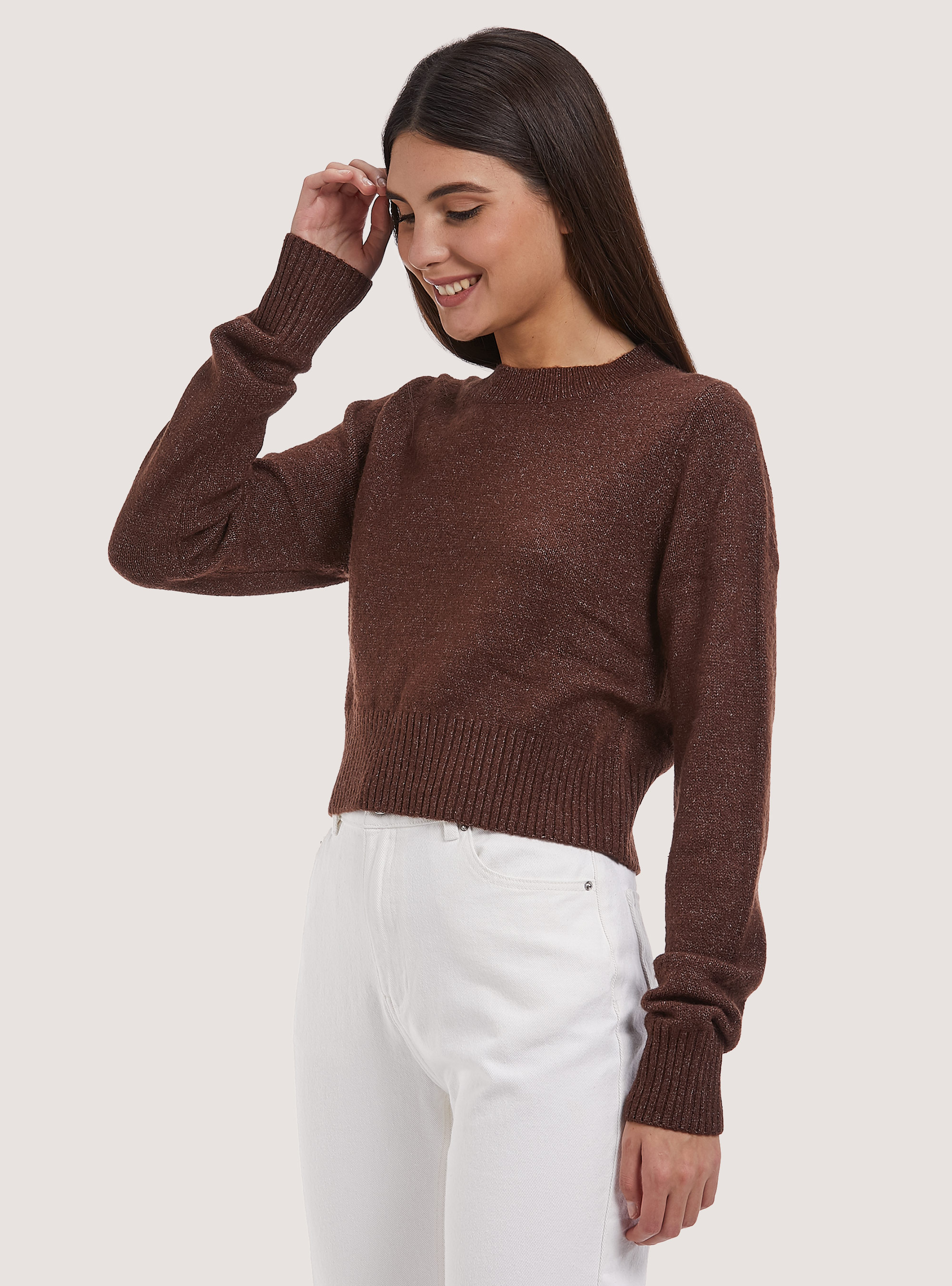 Pullover cropped soft touch, BR2 BROWN MEDIUM