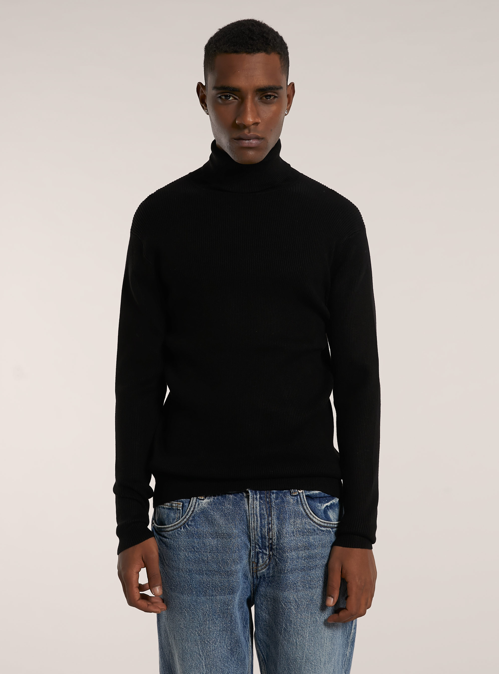 Pullover a collo alto a coste, BK1 BLACK