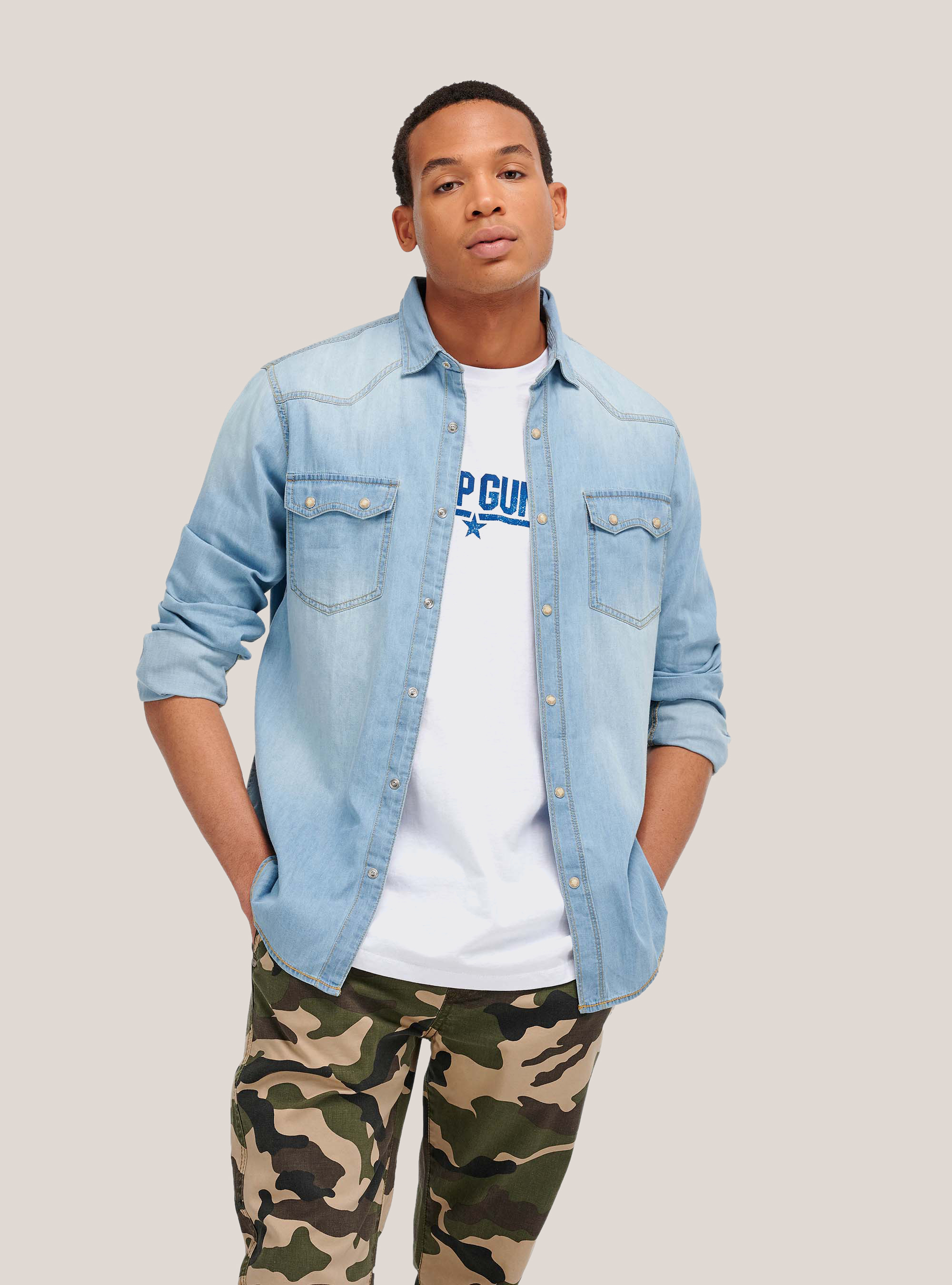 Denim shirt with long sleeves, AZURE