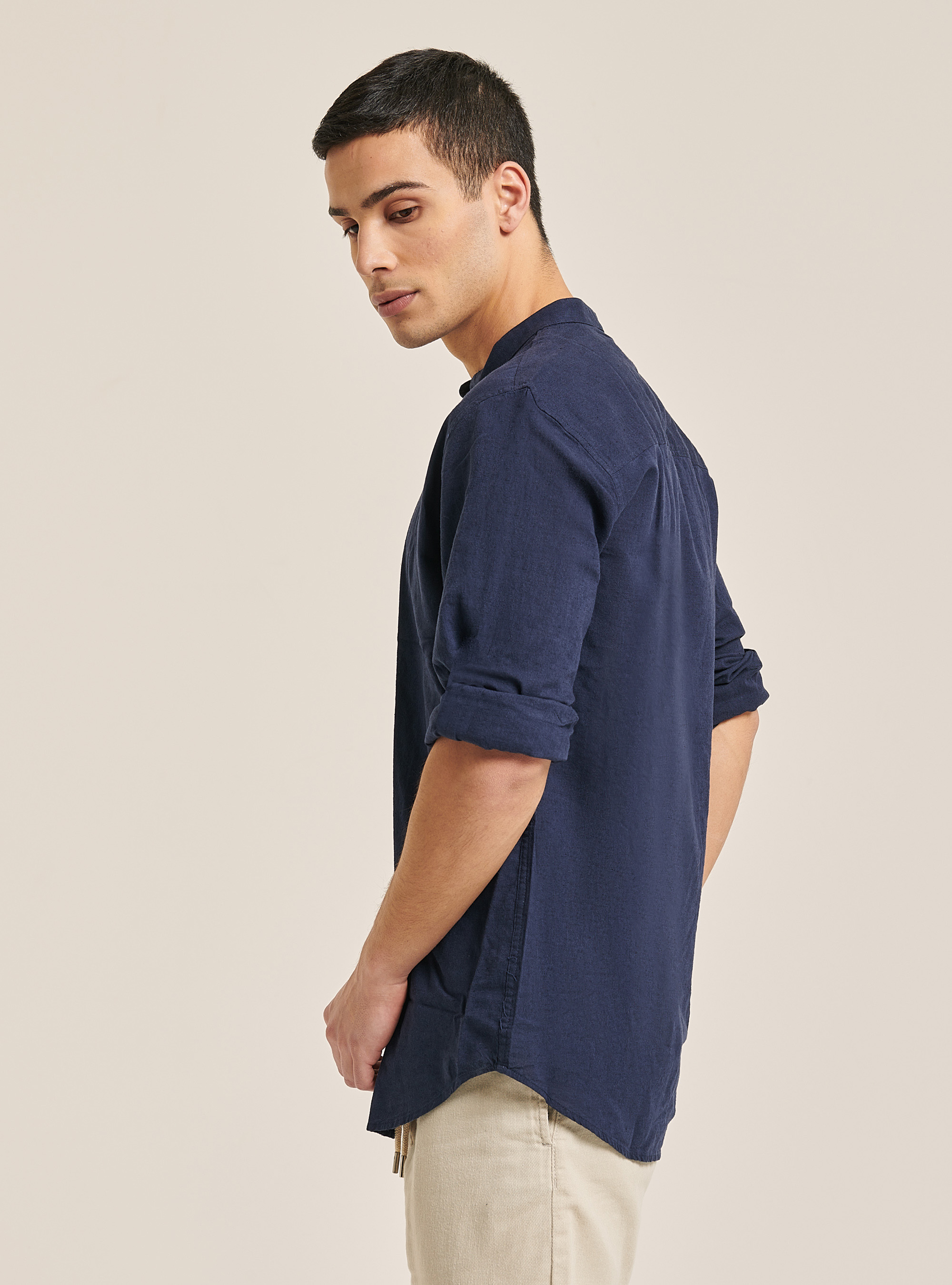 Camicia 100% lino collo coreano, NA1 NAVY DARK