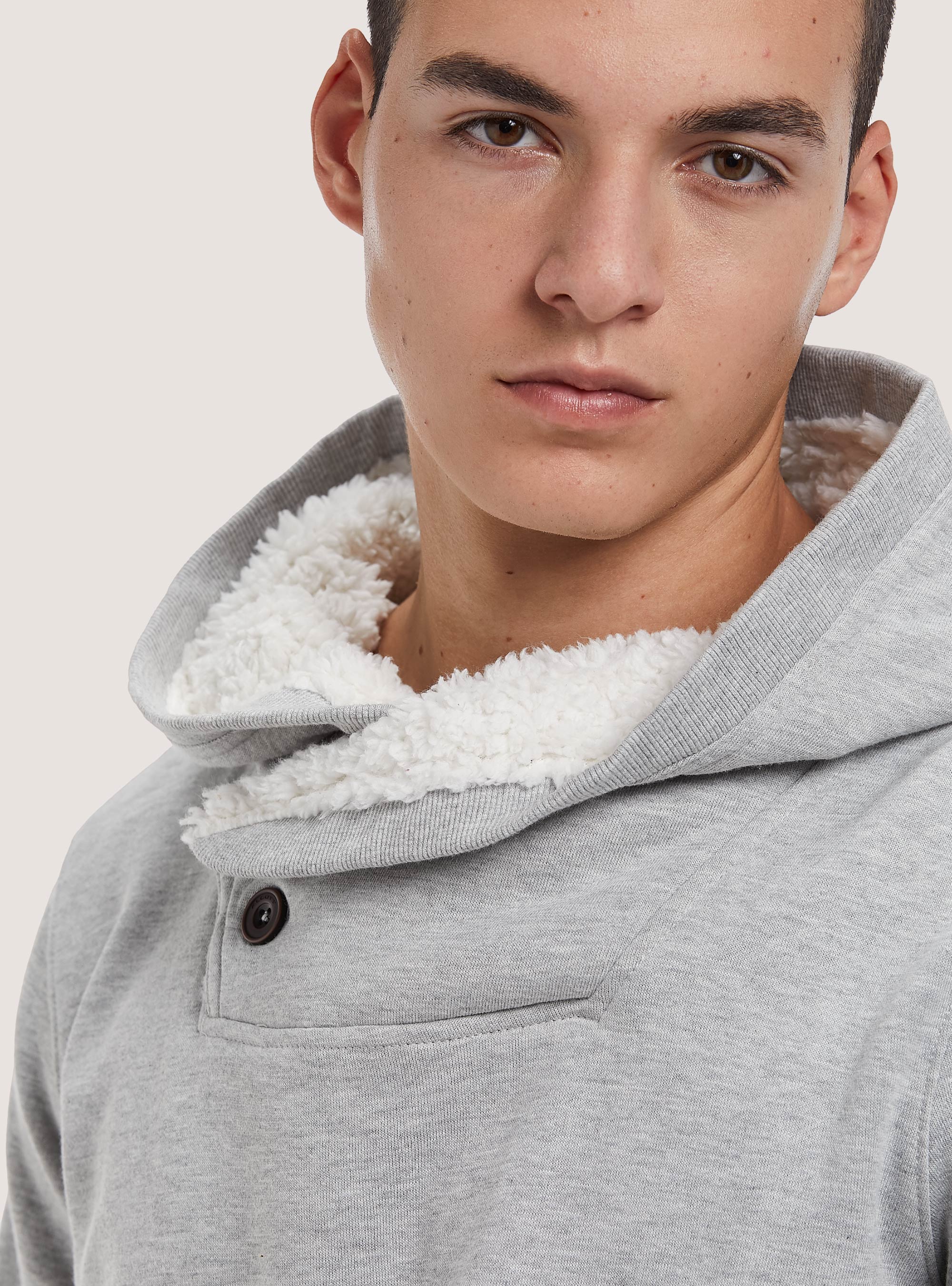 Felpa basic con cappuccio in eco pelliccia, GRIGIO CHIARO MELANGE