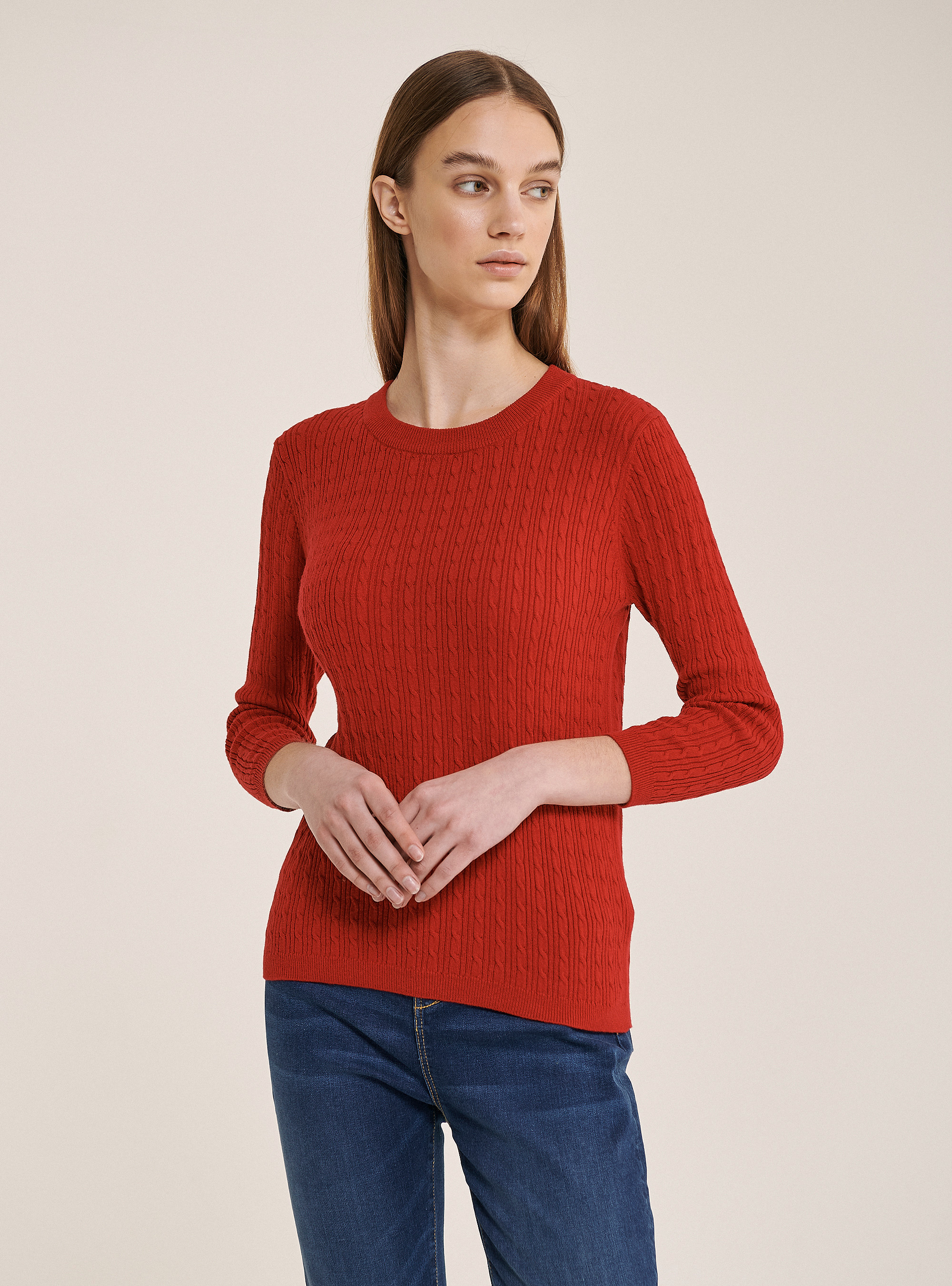 Jersey de cuello redondo con tejido de ochos, ROJO