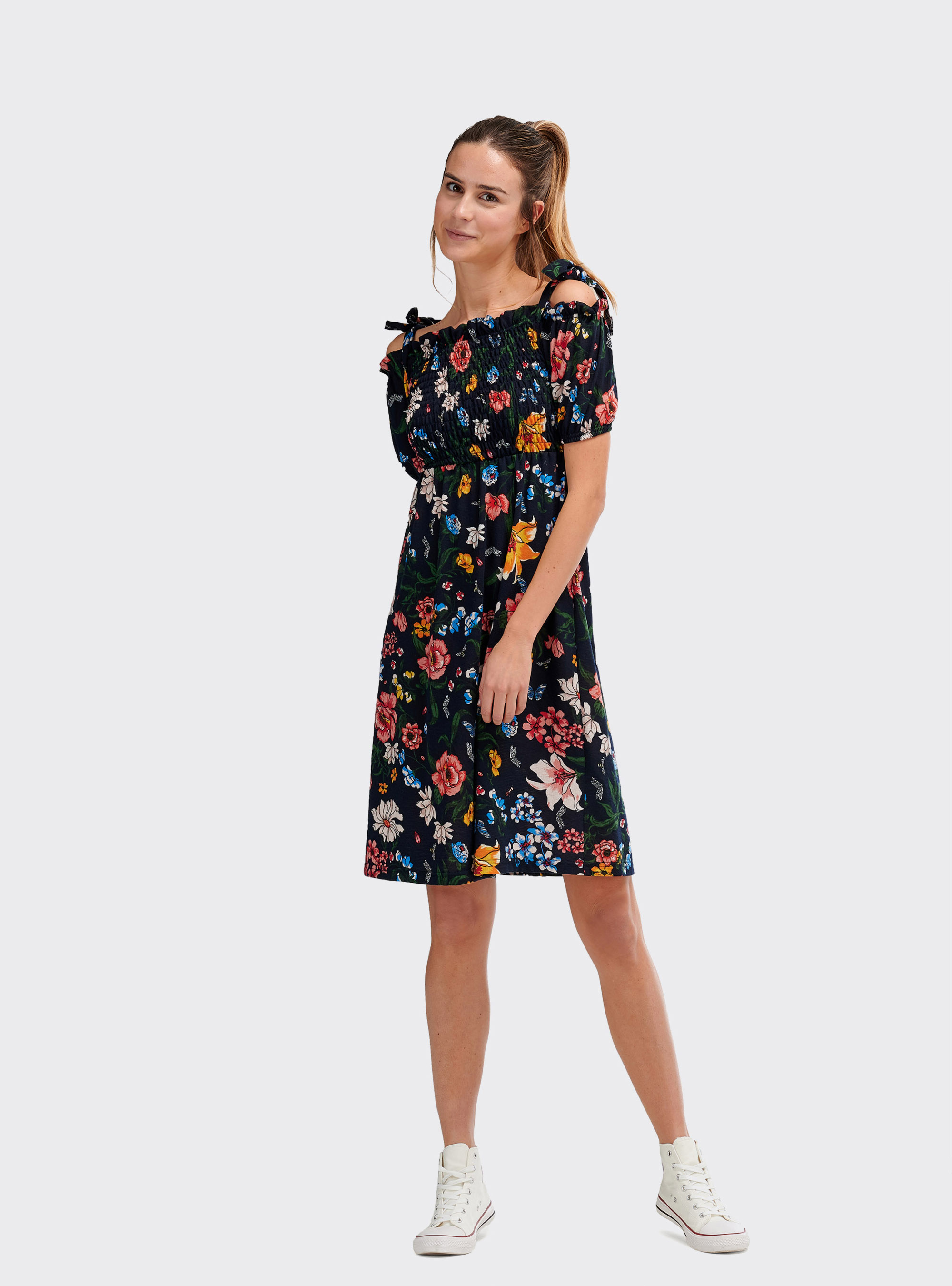 Vestito midi a fiori con spalle scoperte, FLOWERS
