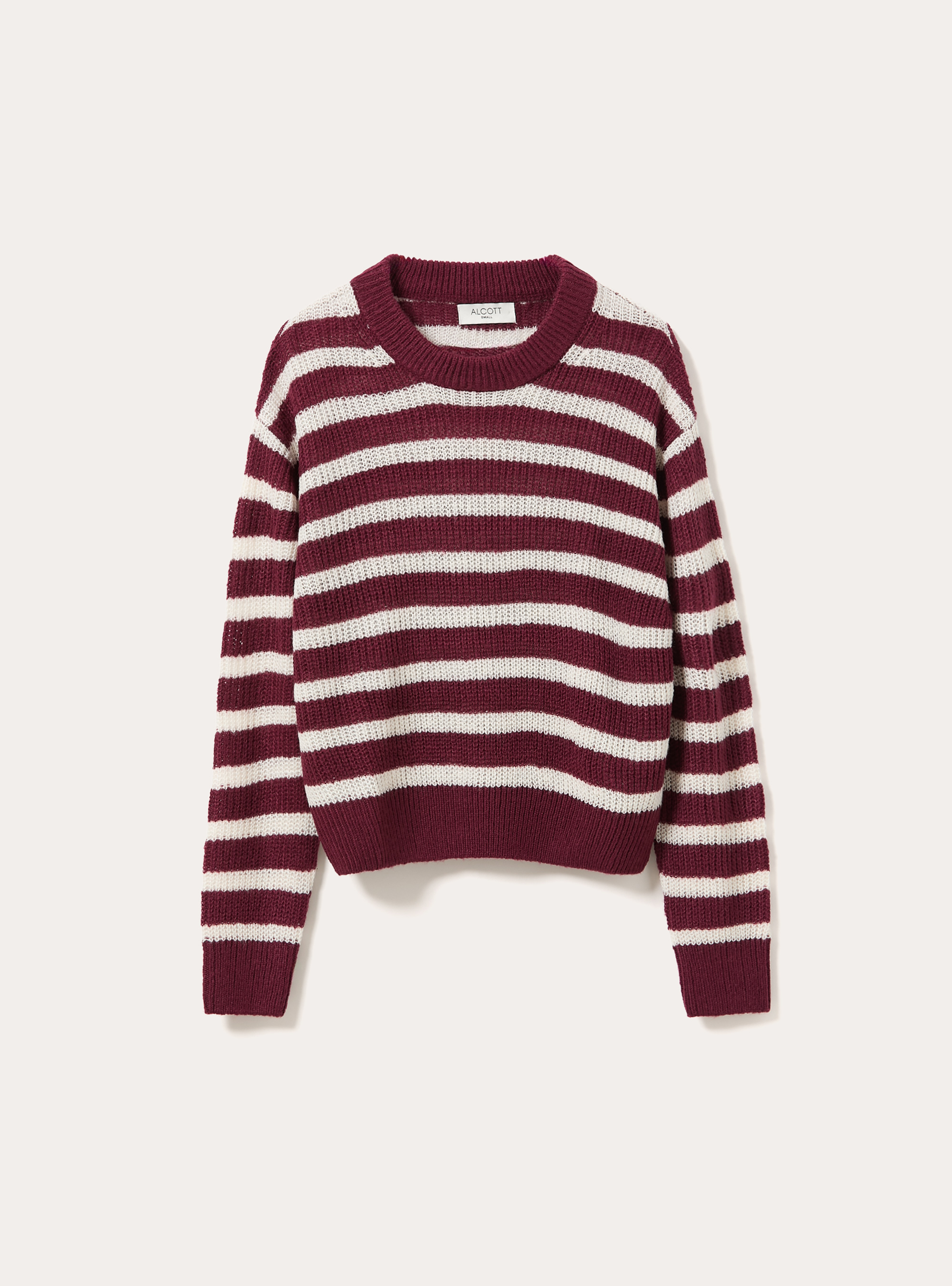 Open knit striped crew neck jumper, BO1 BORDEAUX DARK
