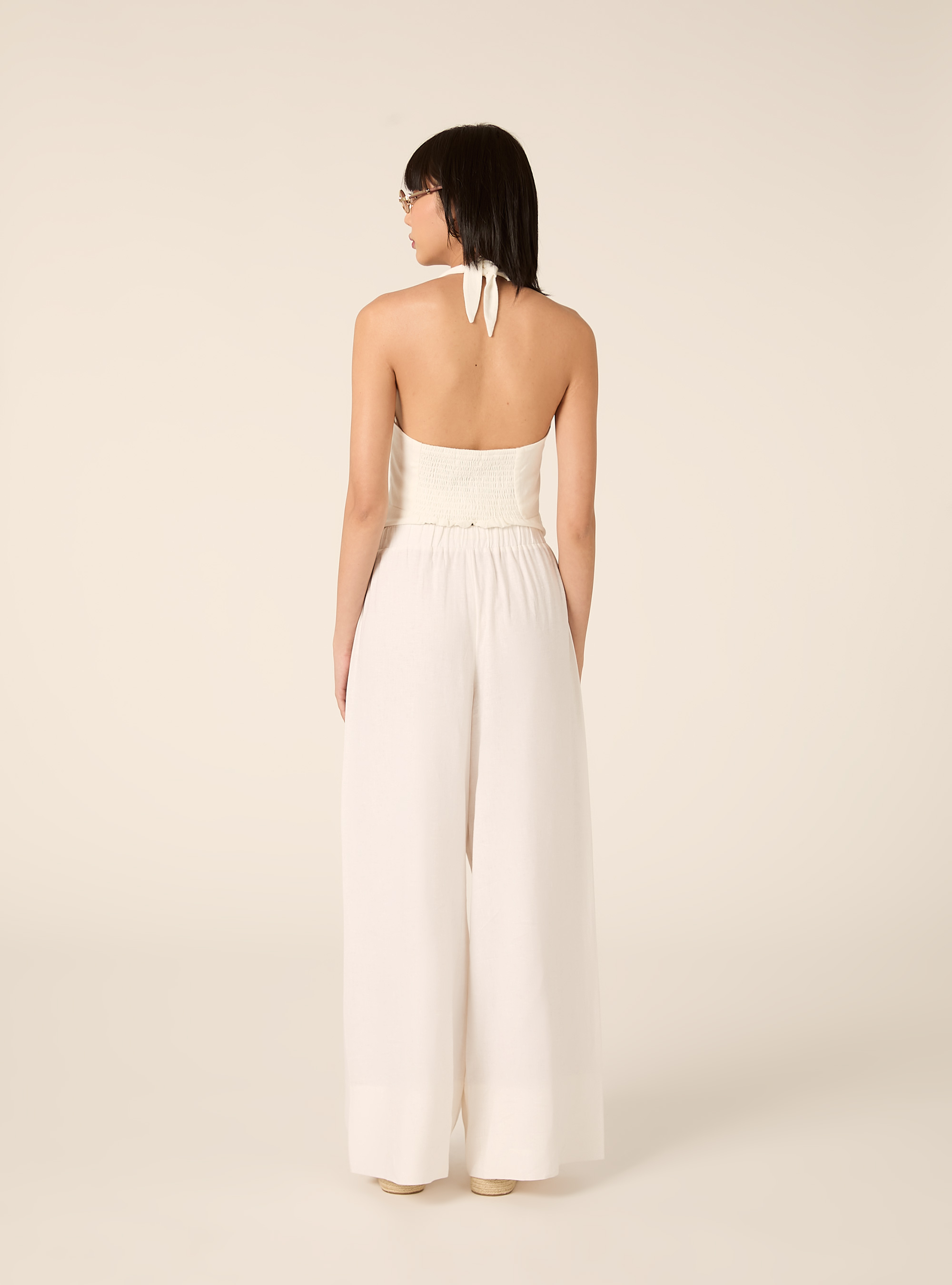 Pantaloni lunghi loose fit in misto lino, PANNA