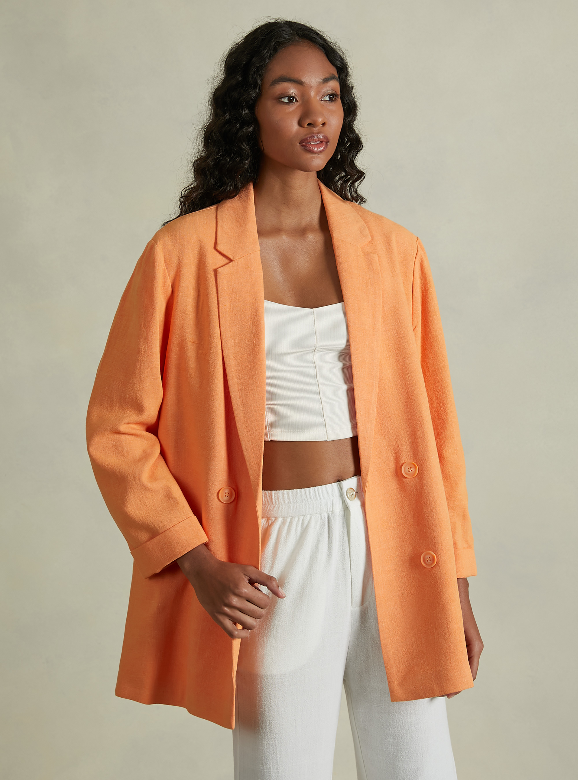 Blazer doppiopetto in misto lino, OR2 ORANGE MED.
