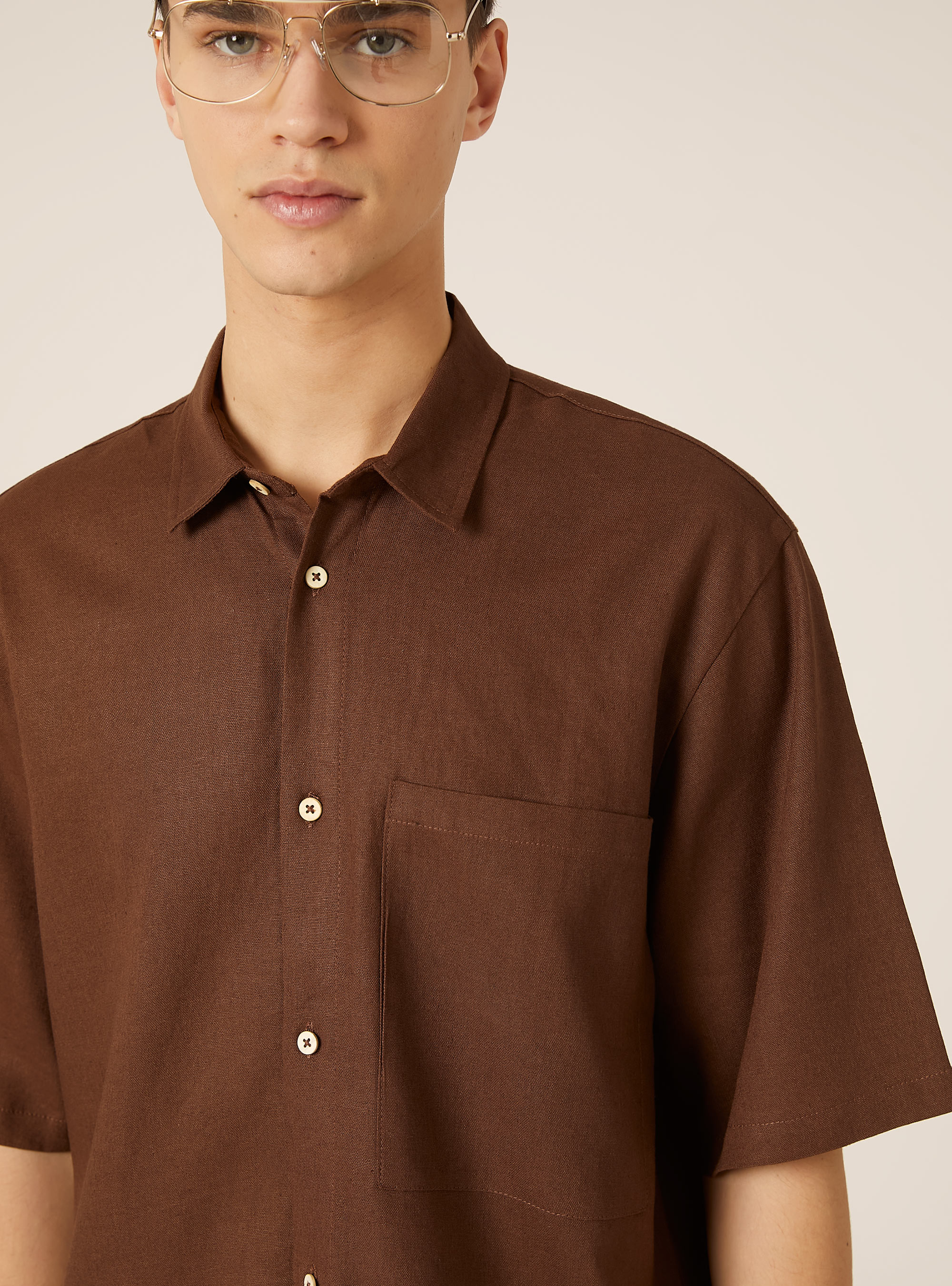 Camicia  in misto lino  con taschino, BR1 BROWN DARK